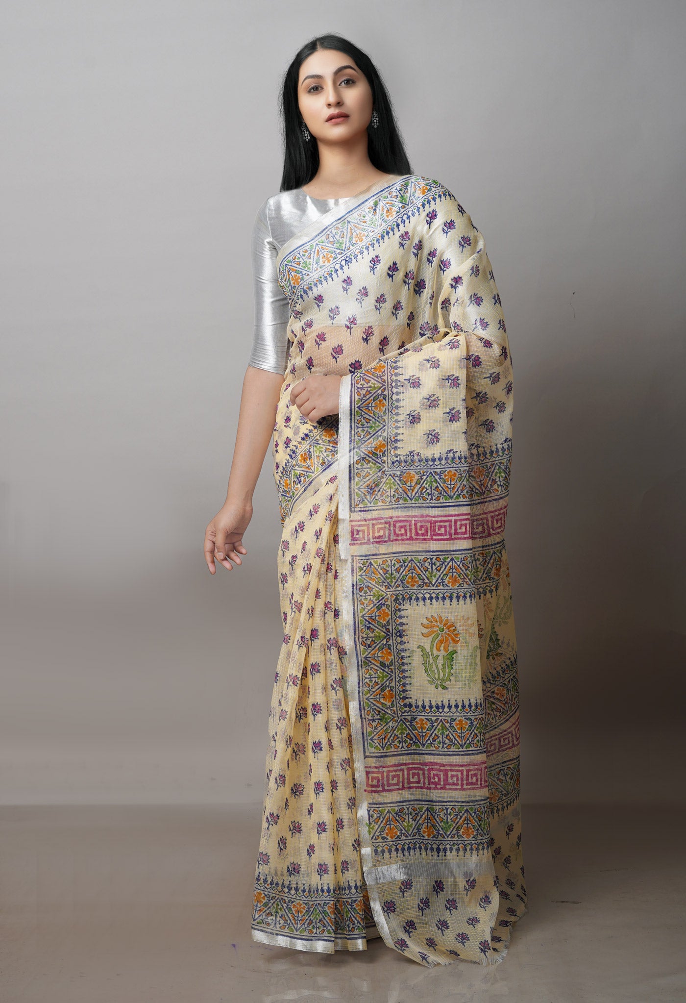 Cream Pure  Block Printed Kota  Cotton Saree-UNM71418