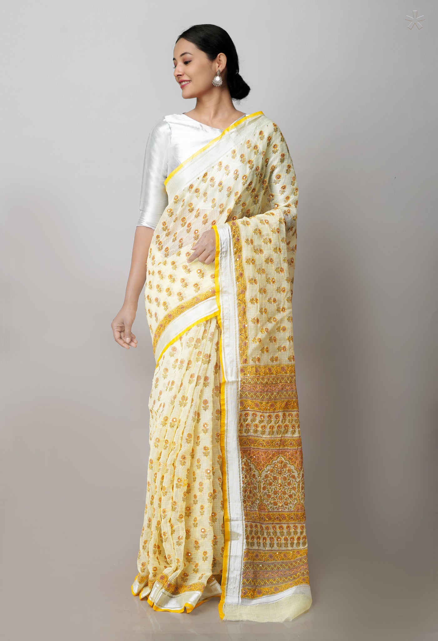 Yellow  Block Printed Kota Saree With Chips and  Hand Kantha work-UNM71432