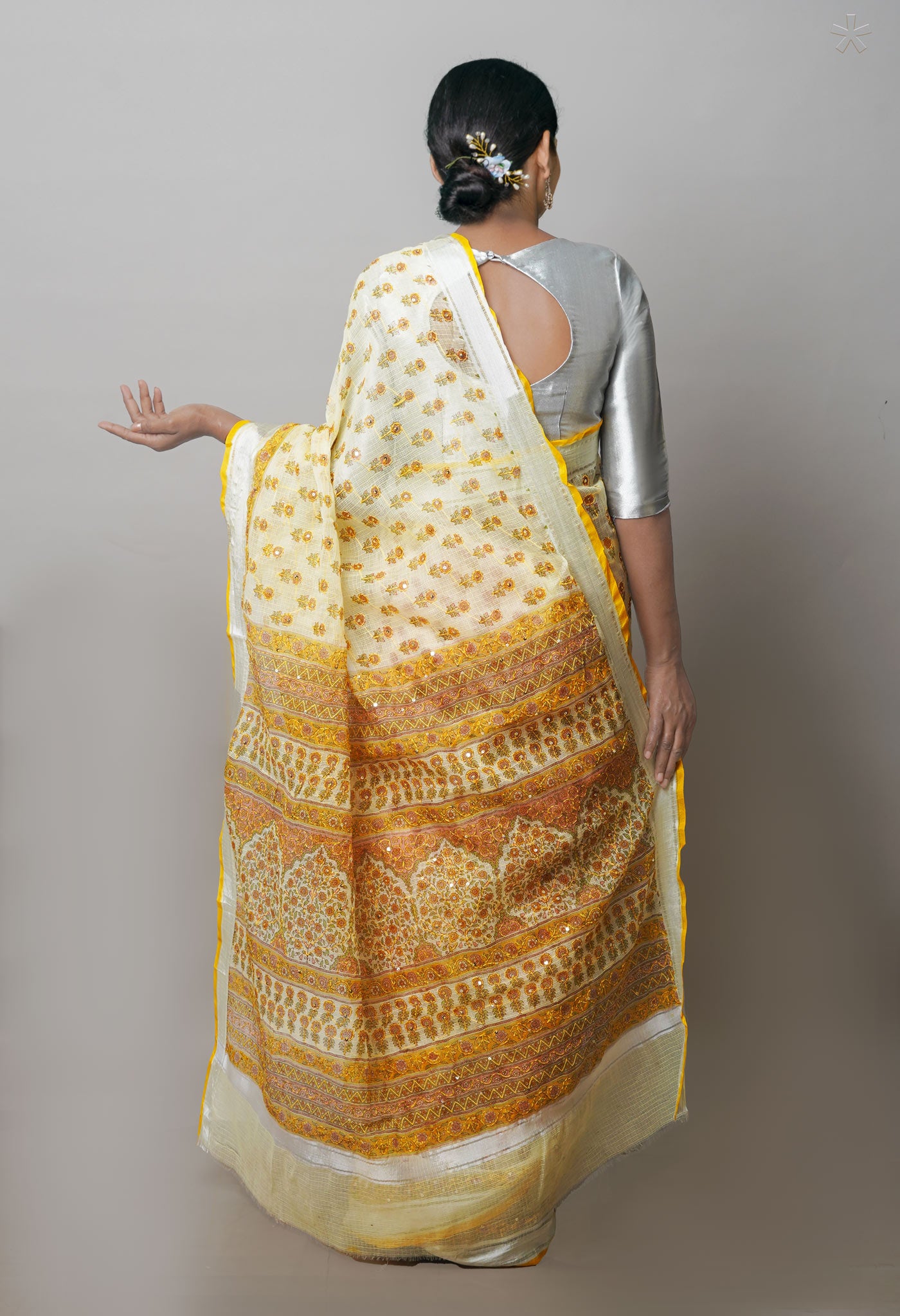 Yellow  Block Printed Kota Saree With Chips and  Hand Kantha work-UNM71432