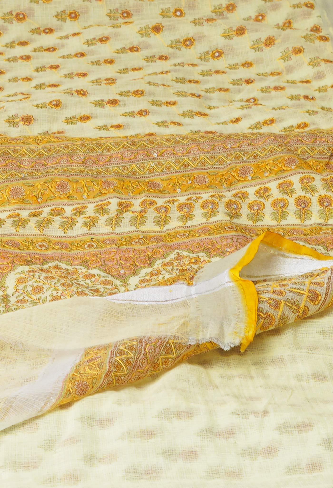 Yellow  Block Printed Kota Saree With Chips and  Hand Kantha work-UNM71432