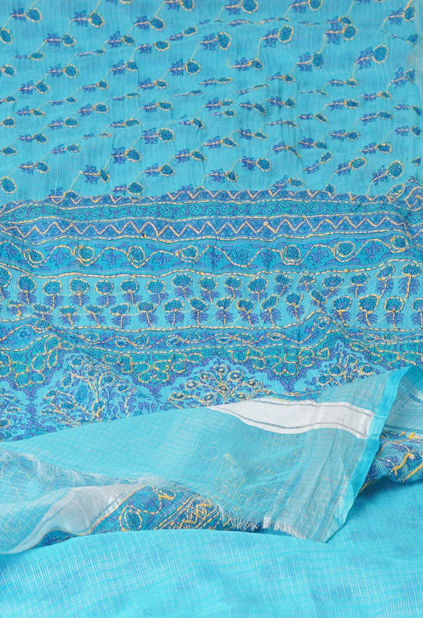 Sky Blue  Block Printed Kota Saree With Chips and  Hand Kantha work-UNM71433