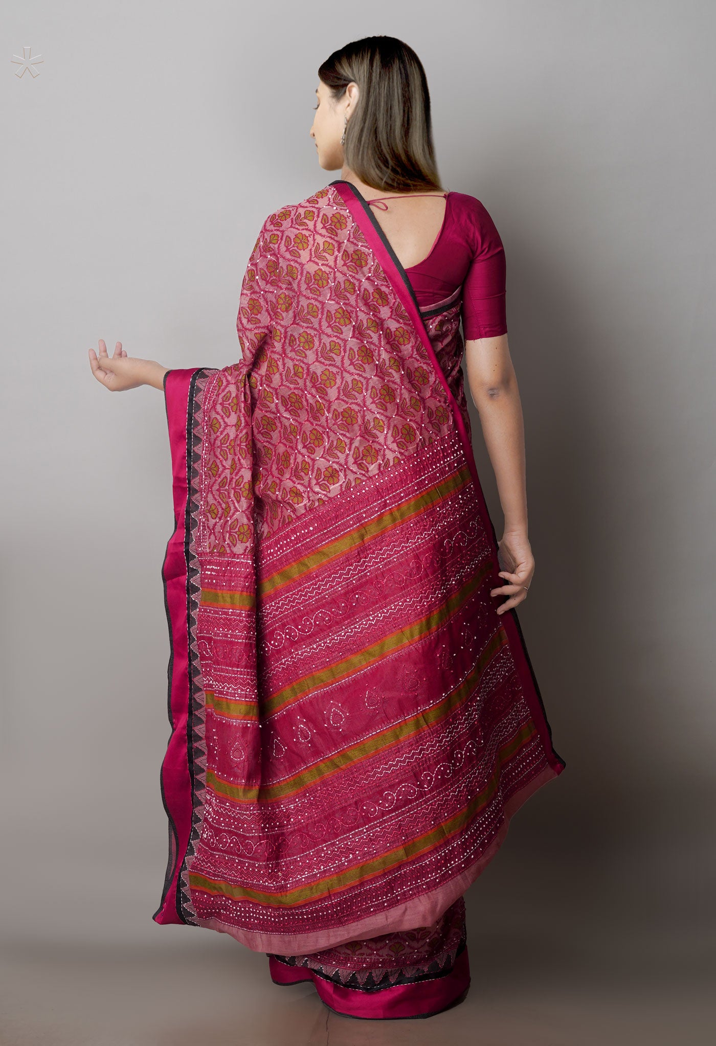 Maroon  Screen Printed Chanderi Sico Saree With Thread Knot and Kantha Work -UNM71434