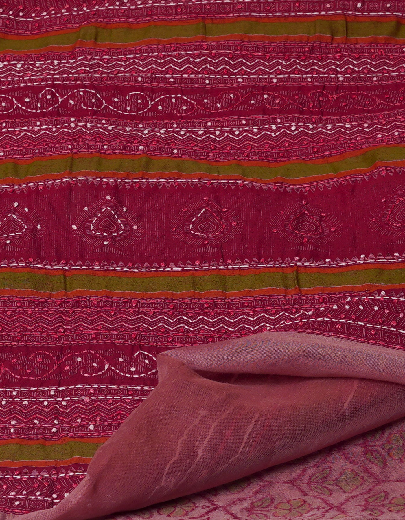 Maroon  Screen Printed Chanderi Sico Saree With Thread Knot and Kantha Work -UNM71434