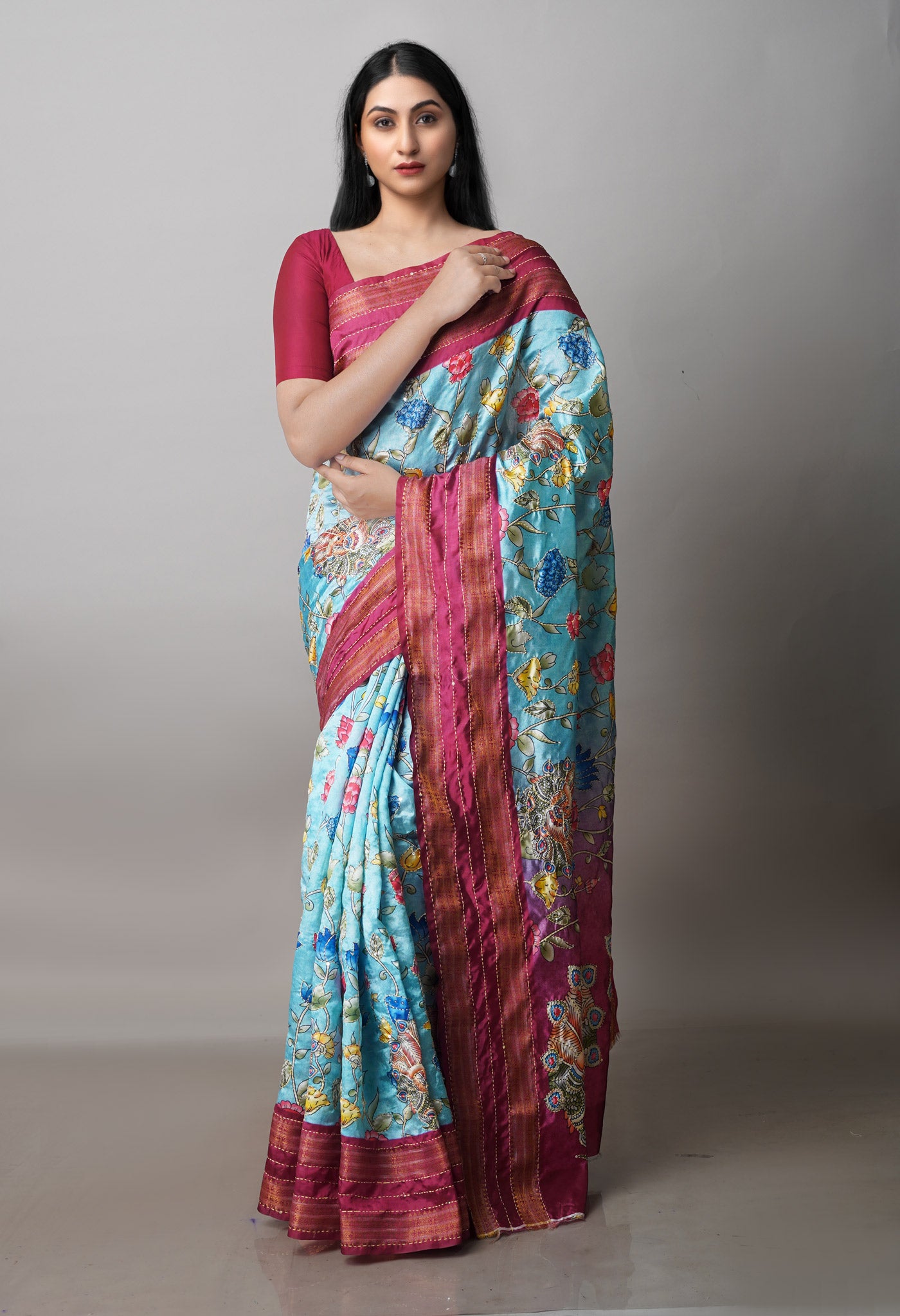 Sky Blue  Kalamkari Printed Soft Silk Saree With Chips and Hand Kantha work-UNM71456