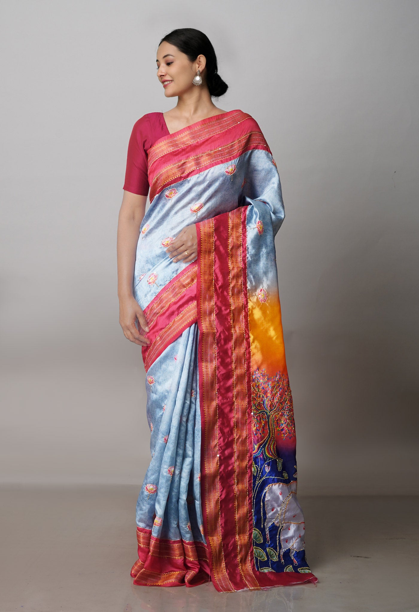 Grey  Kalamkari Printed Soft Silk Saree With Chips,Pichwai and Hand Kantha work-UNM71459