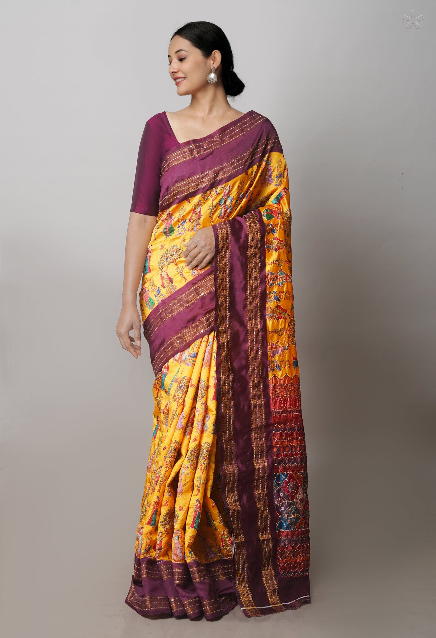 Yellow  Kalamkari Printed Soft Silk Saree With Chips,Pichwai and Hand Kantha work
-UNM71462