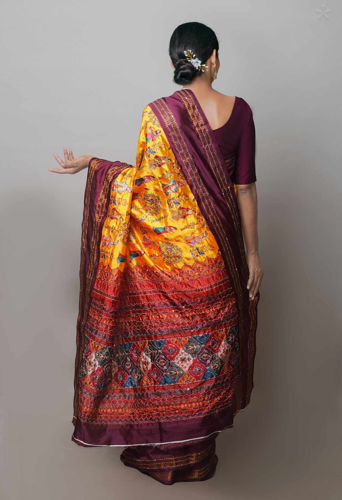 Yellow  Kalamkari Printed Soft Silk Saree With Chips,Pichwai and Hand Kantha work
-UNM71462