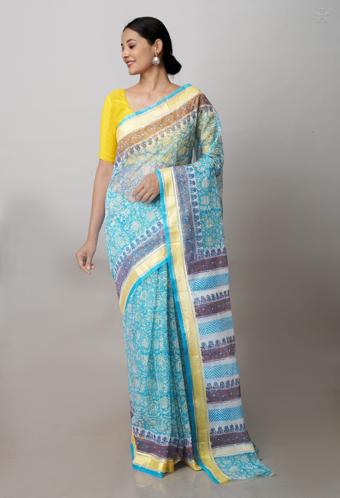 Blue Pure Block Printed Kota Cotton Saree-UNM71468