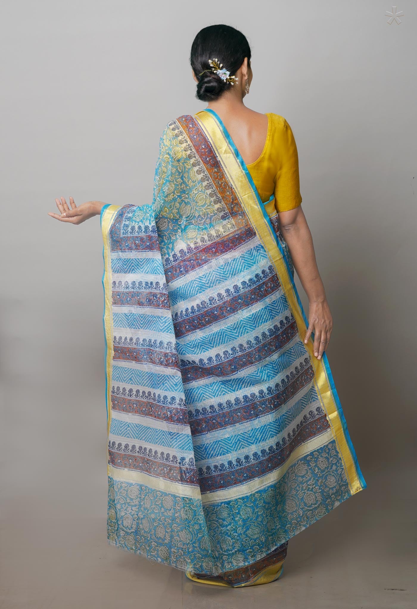 Blue Pure Block Printed Kota Cotton Saree-UNM71468