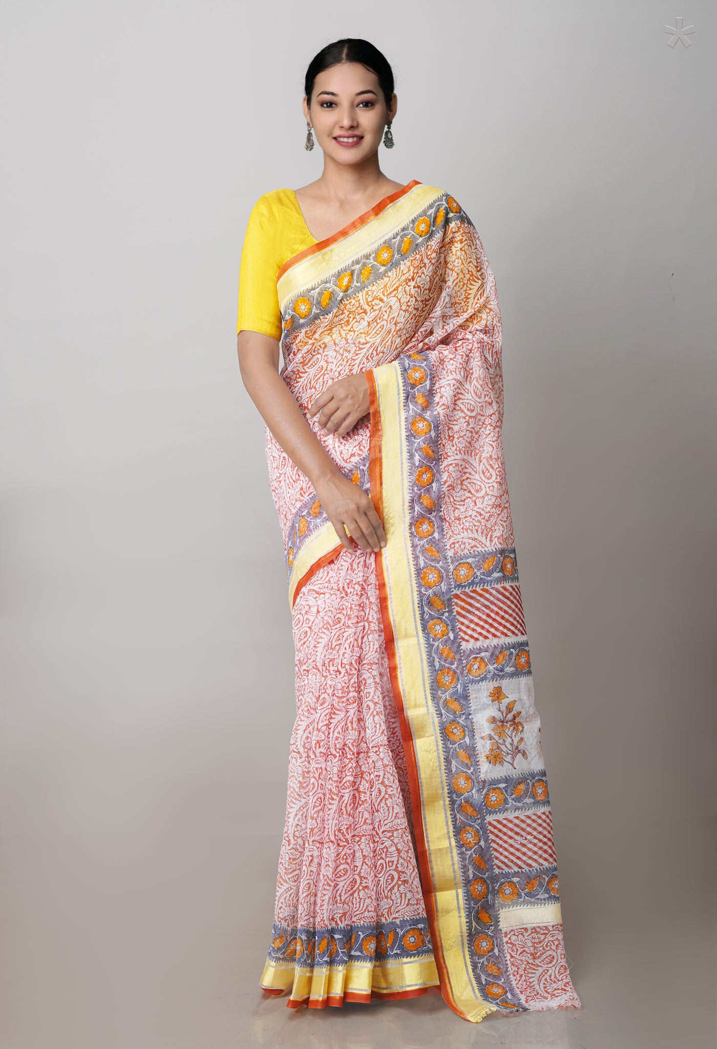 White-Rust Orange Pure Block Printed Kota Cotton Saree-UNM71476