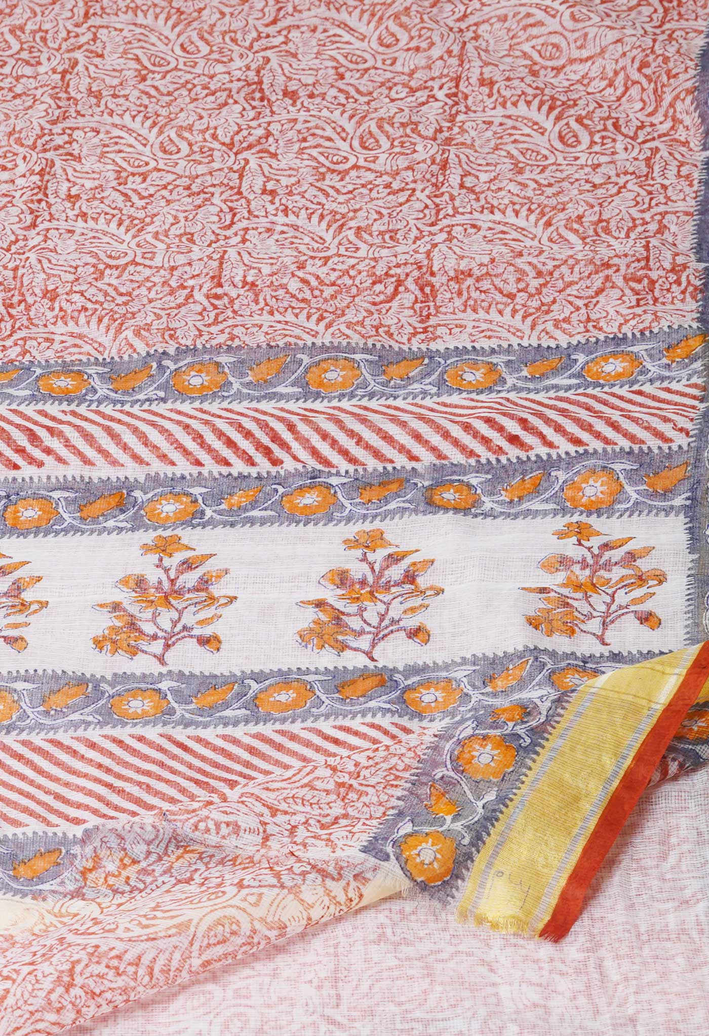 White-Rust Orange Pure Block Printed Kota Cotton Saree-UNM71476