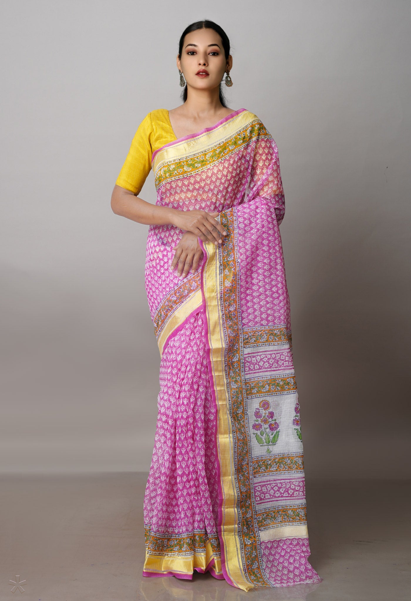 Pink Pure Block Printed Kota Cotton Saree-UNM71481