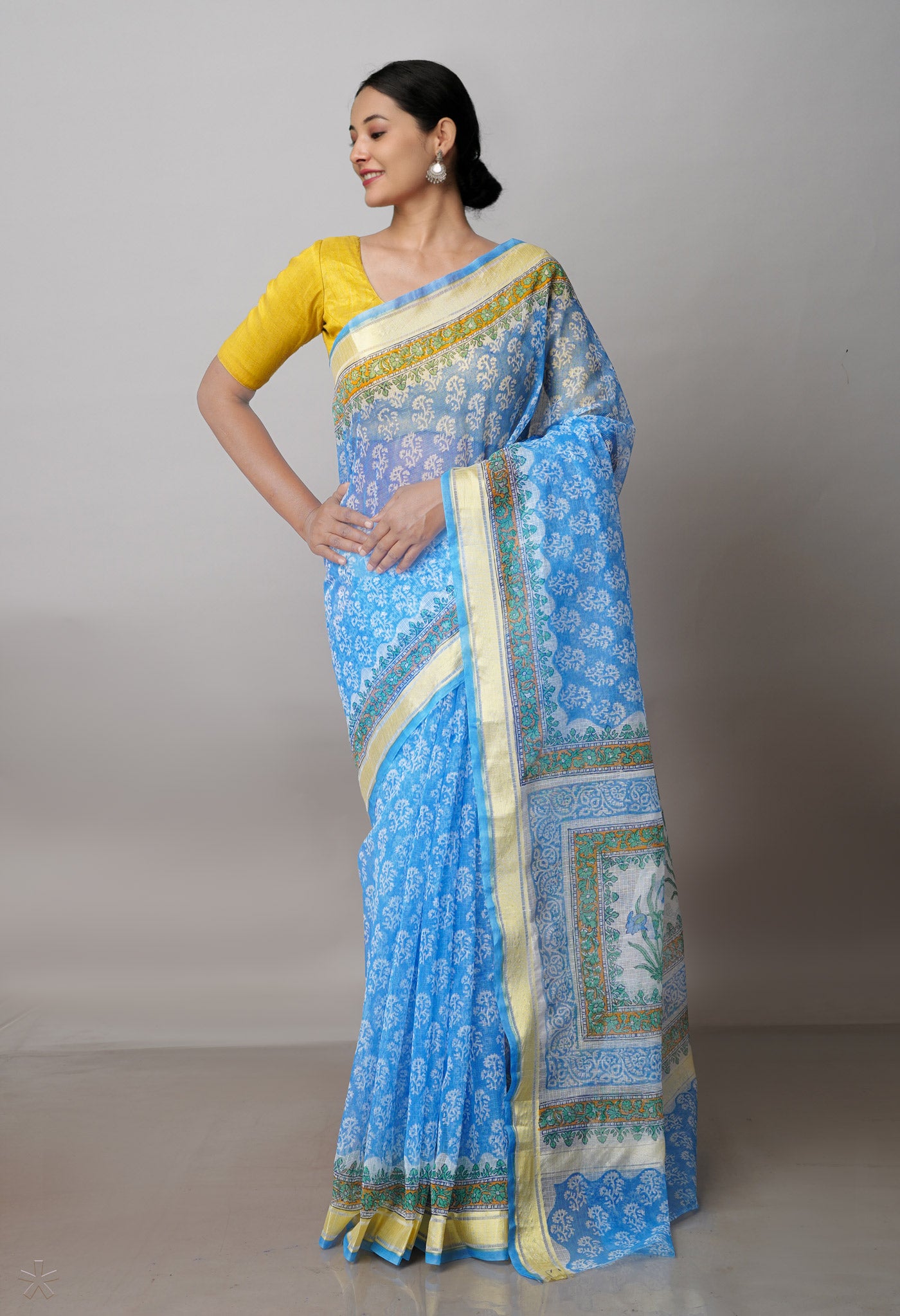 Blue Pure Block Printed Kota Cotton Saree-UNM71493