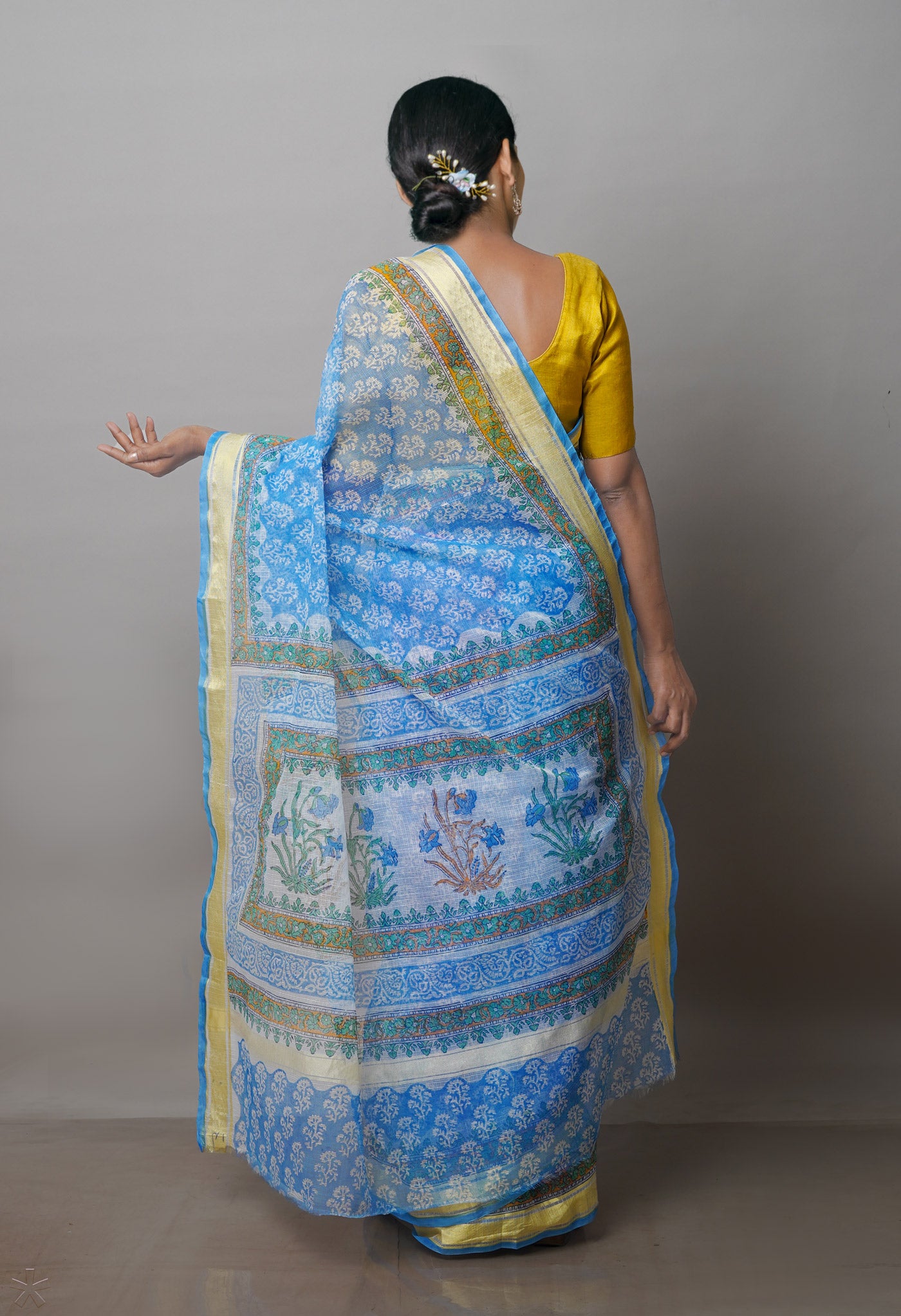 Blue Pure Block Printed Kota Cotton Saree-UNM71493