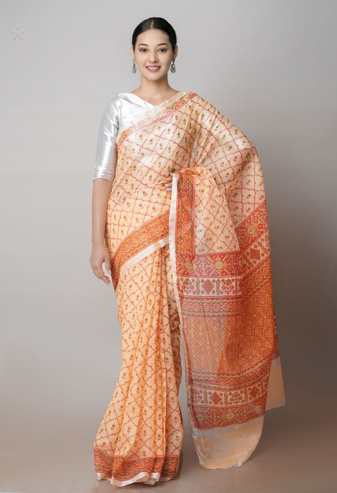 Peach Orange Pure Patola Printed Kota Cotton Saree