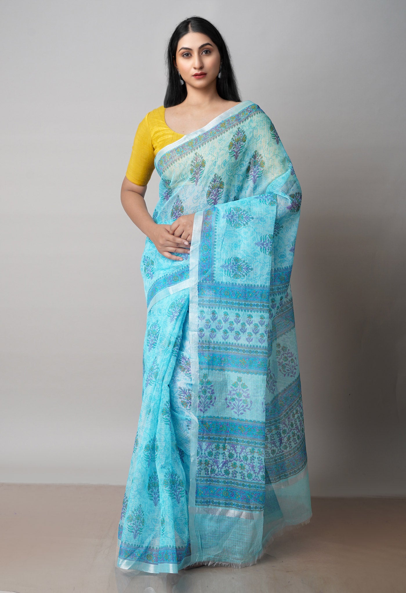 Blue Pure Block Printed Kota Cotton Saree-UNM71530