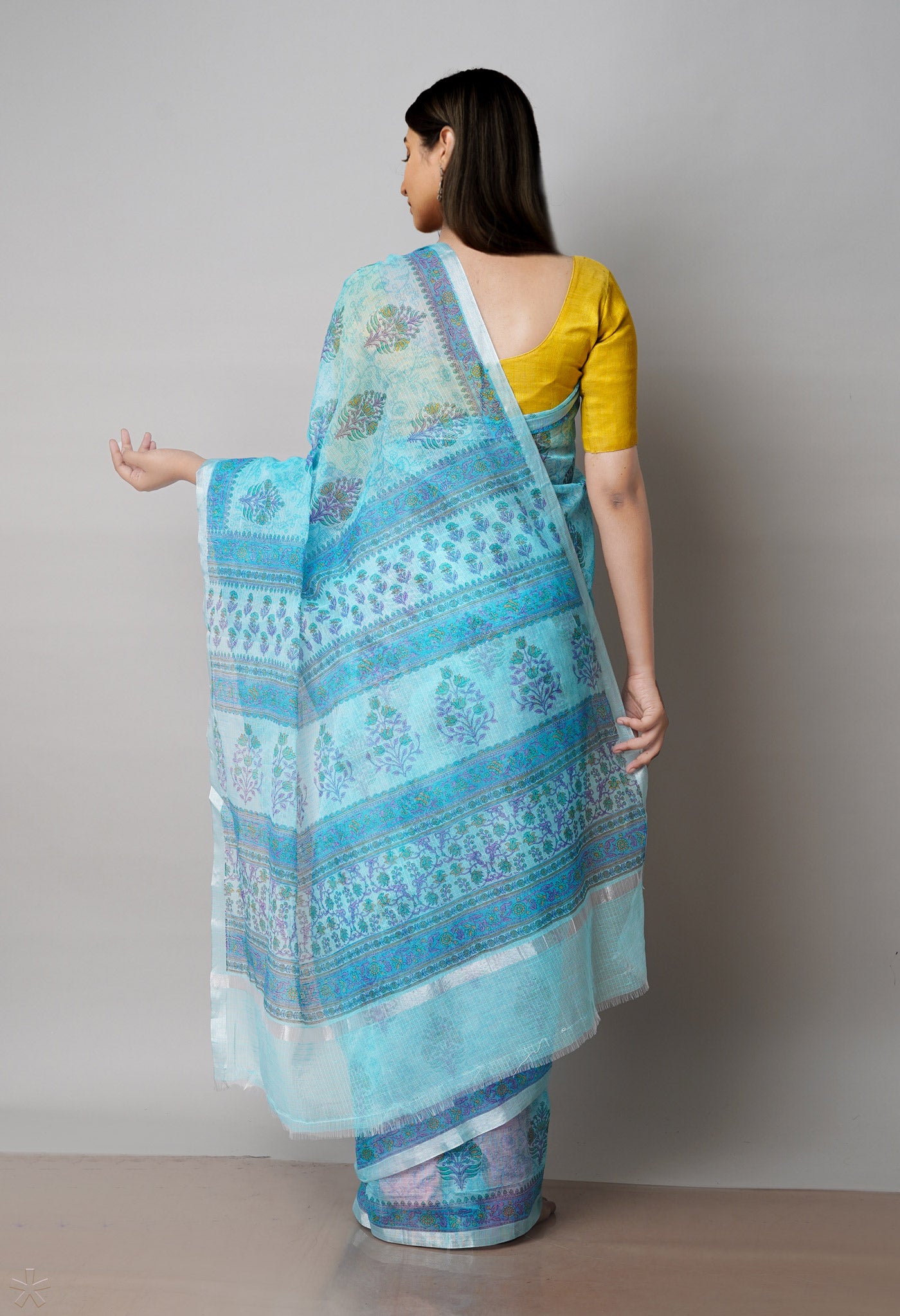 Blue Pure Block Printed Kota Cotton Saree-UNM71530