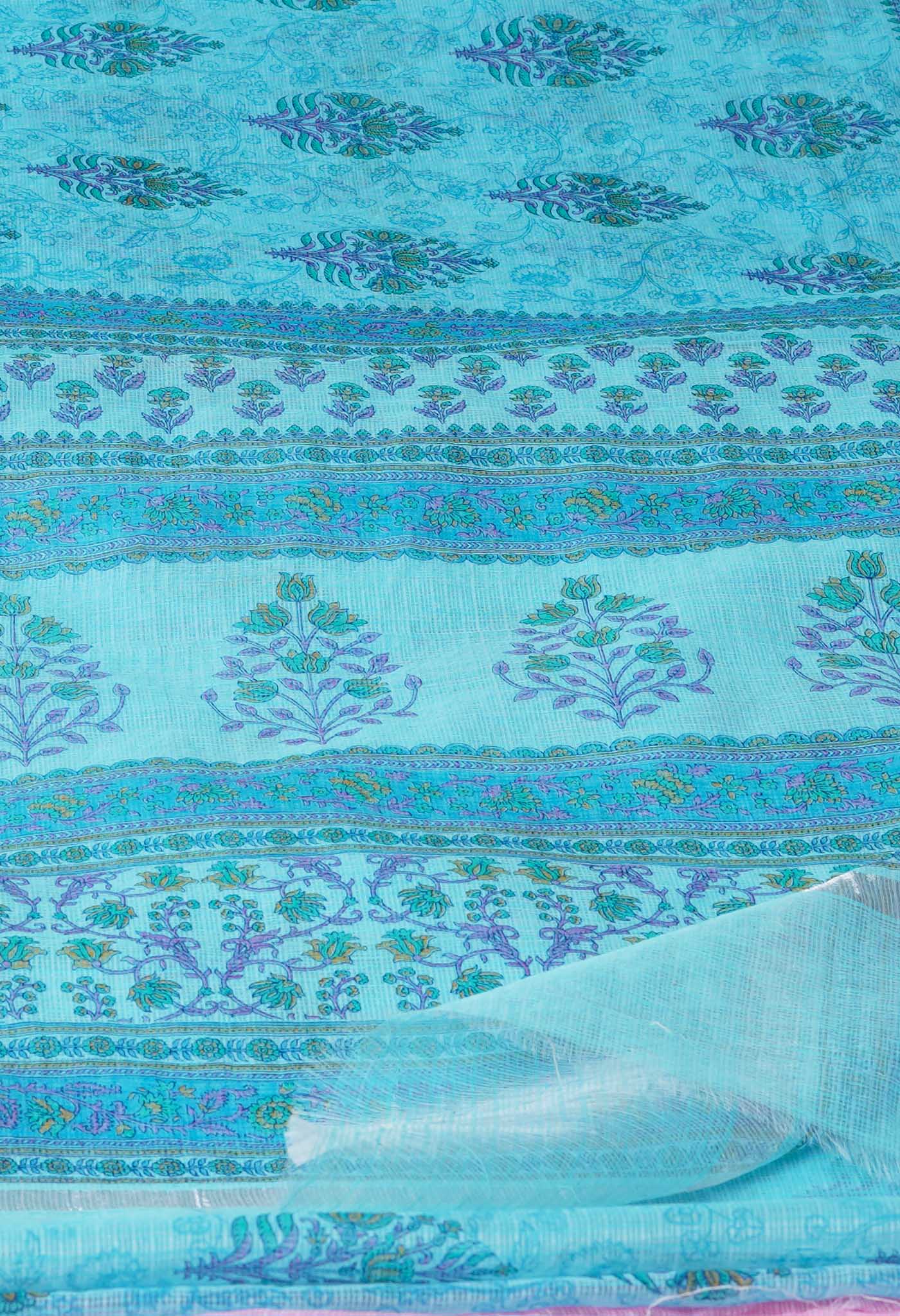 Blue Pure Block Printed Kota Cotton Saree-UNM71530