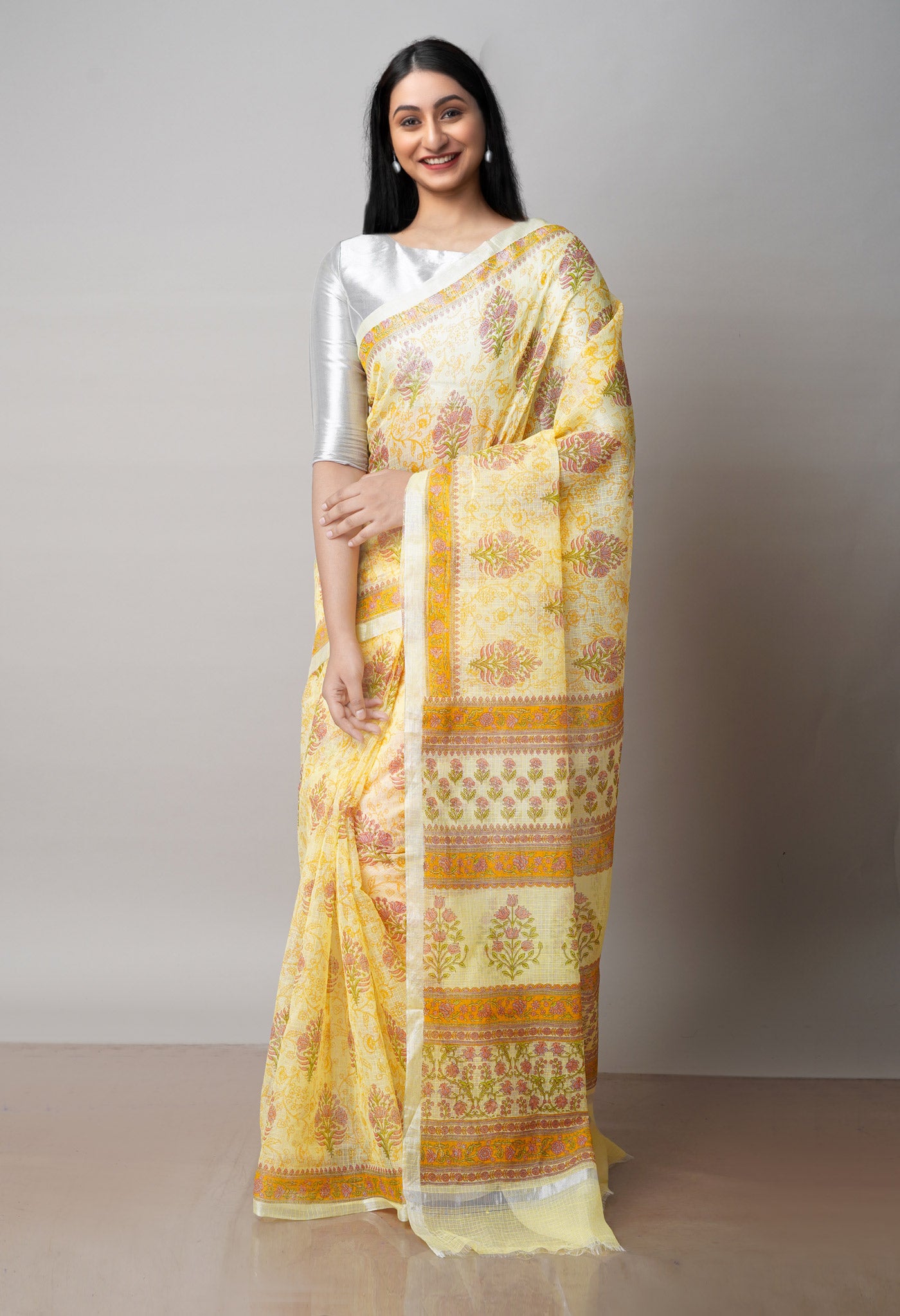 Yellow Pure Block Printed Kota Cotton Saree-UNM71532