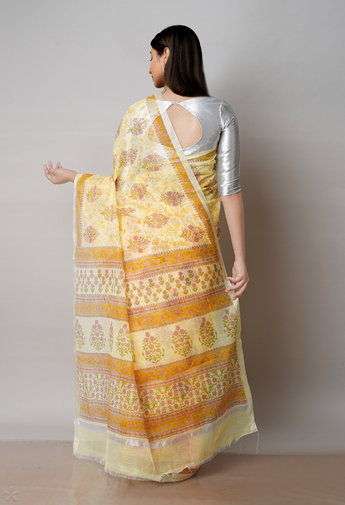 Yellow Pure Block Printed Kota Cotton Saree-UNM71532