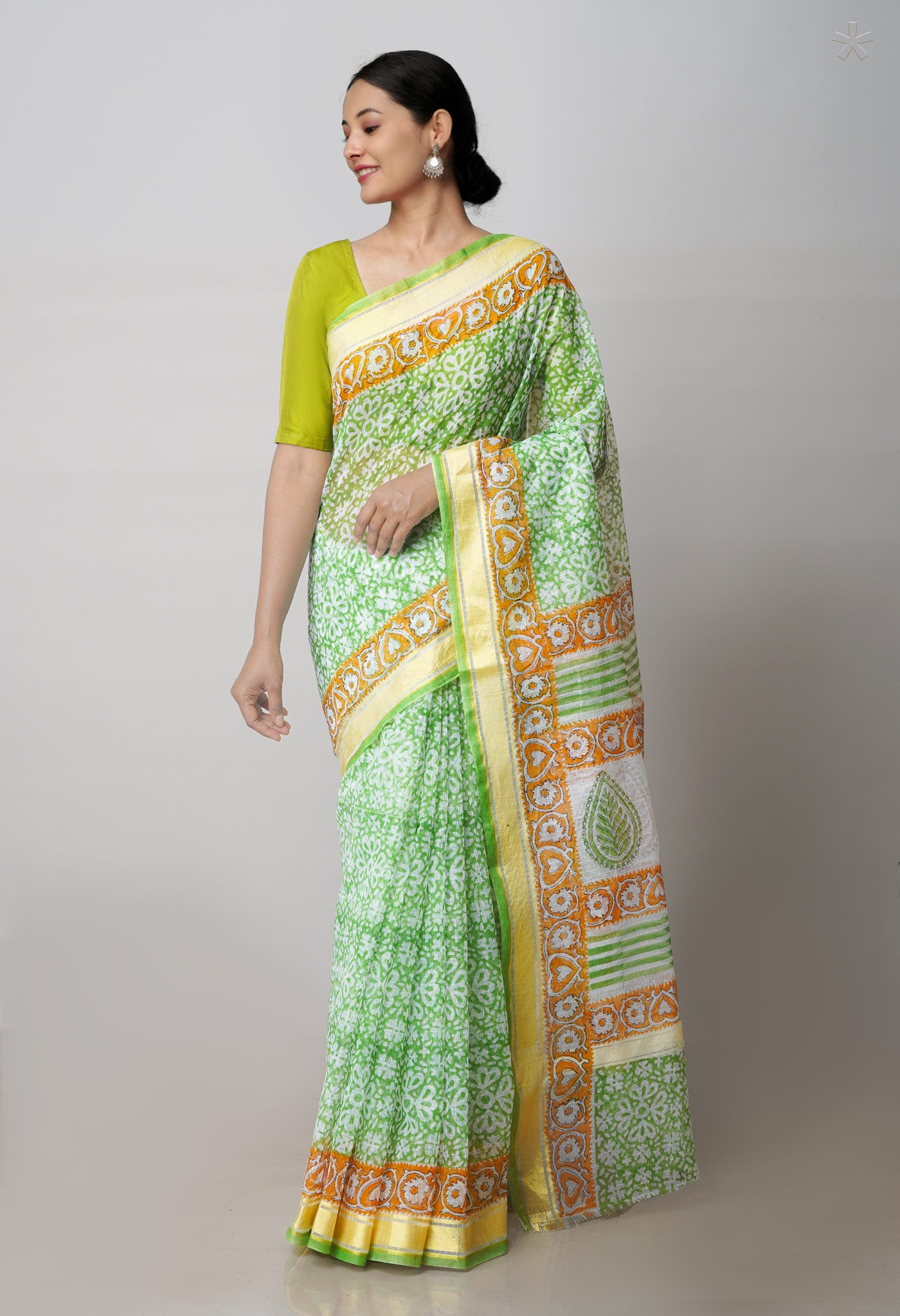 Green Pure Block Printed Kota Cotton Saree-UNM71539