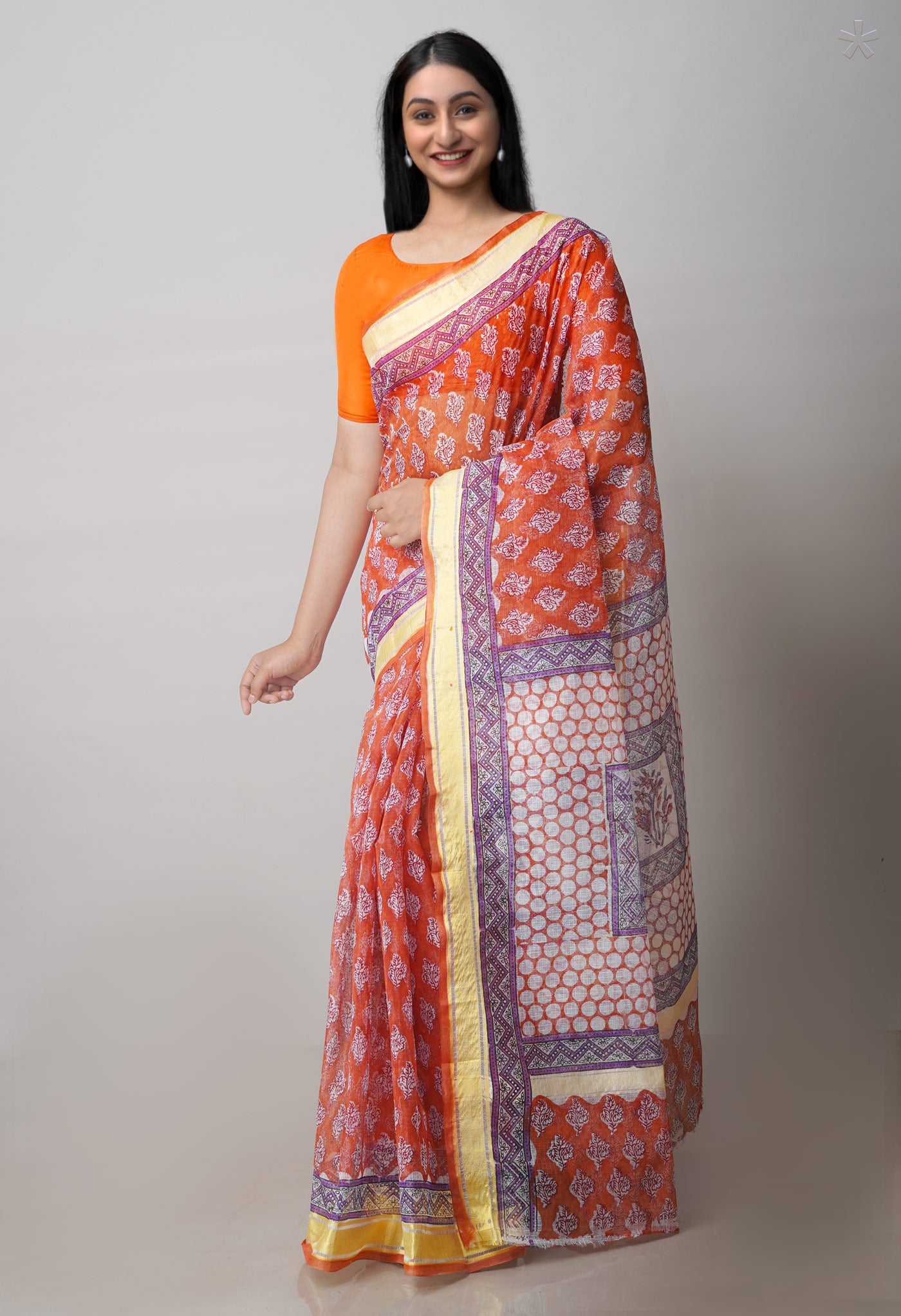 Rust Orange Pure Block Printed Kota Cotton Saree-UNM71545