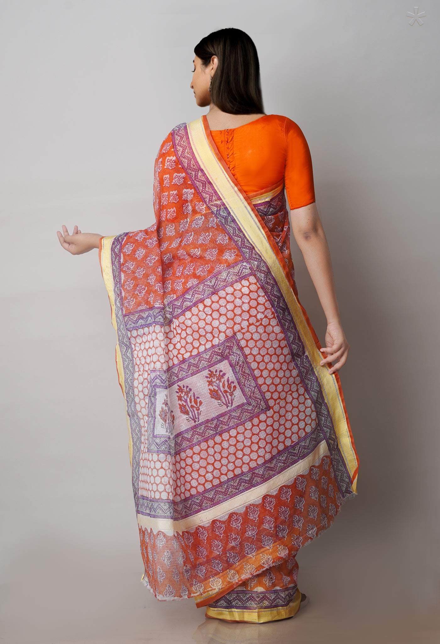 Rust Orange Pure Block Printed Kota Cotton Saree-UNM71545