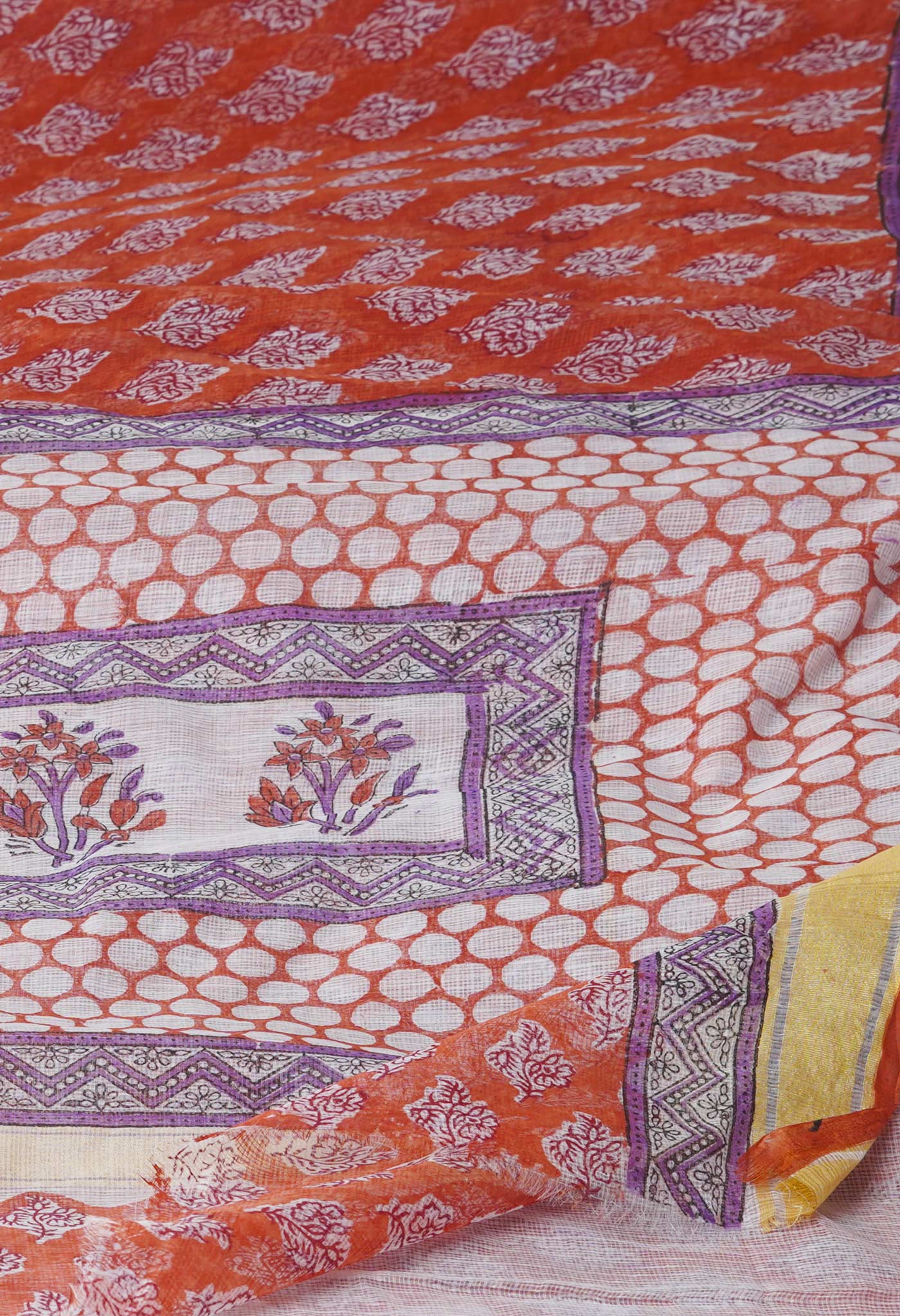 Rust Orange Pure Block Printed Kota Cotton Saree-UNM71545