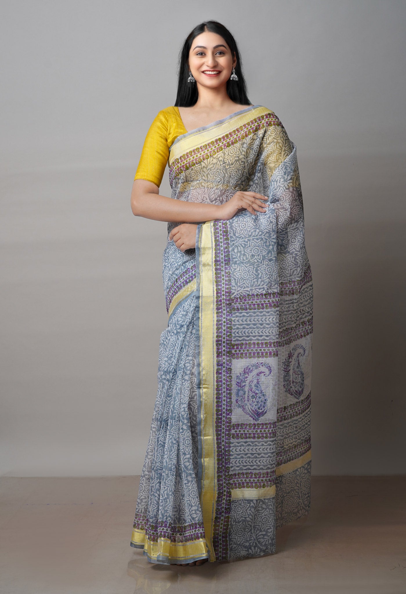 Grey Pure Block Printed Kota Cotton Saree-UNM71551