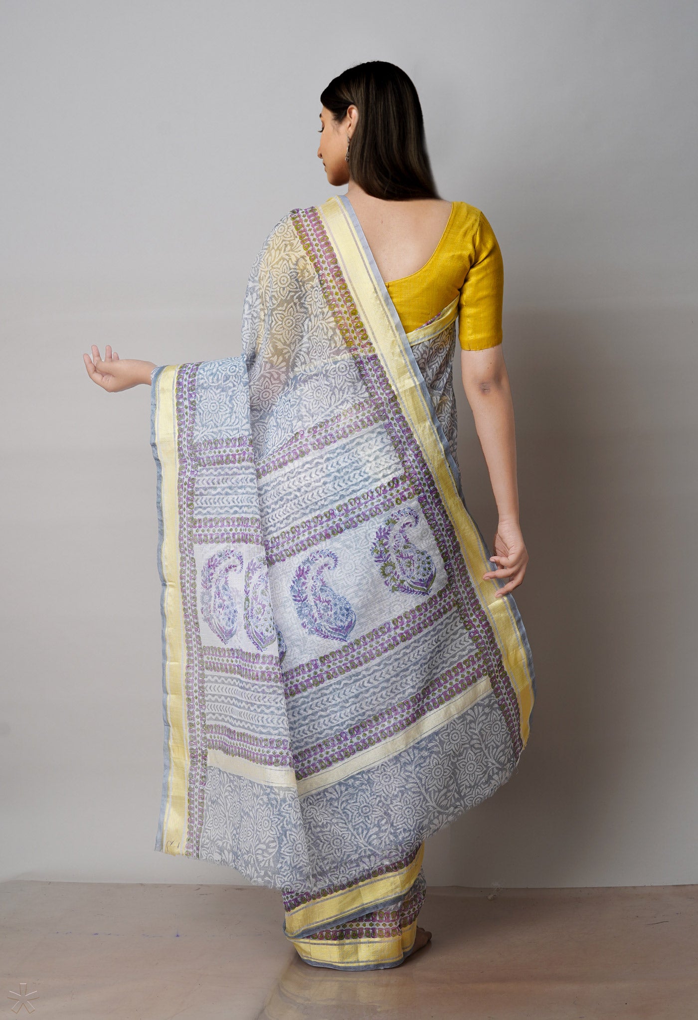 Grey Pure Block Printed Kota Cotton Saree-UNM71551