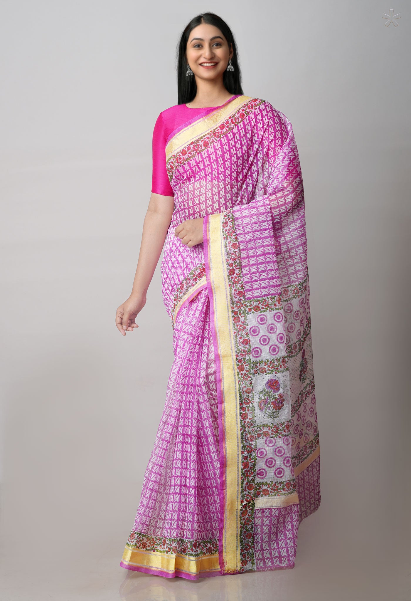 Pink Pure Block Printed Kota Cotton Saree-UNM71555