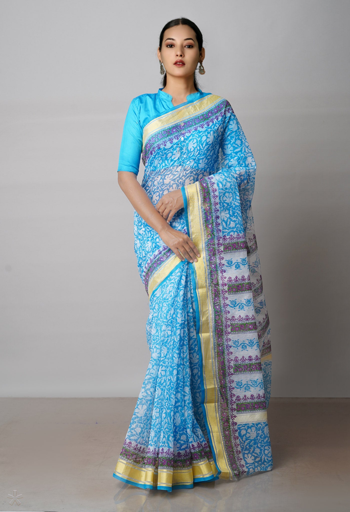 Blue Pure Block Printed Kota Cotton Saree-UNM71562