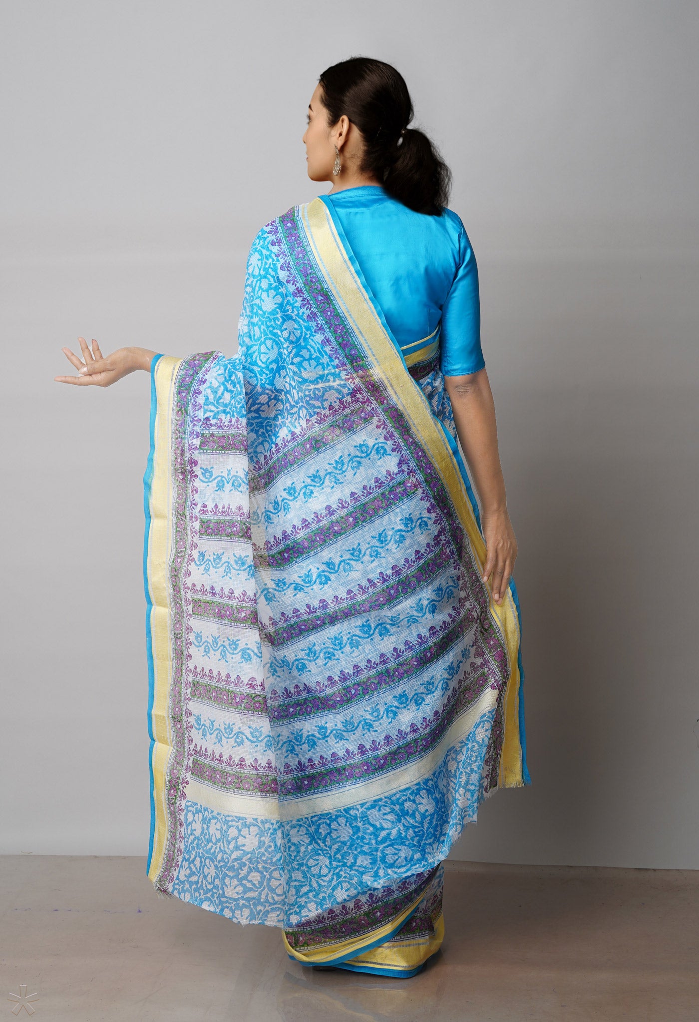 Blue Pure Block Printed Kota Cotton Saree-UNM71562