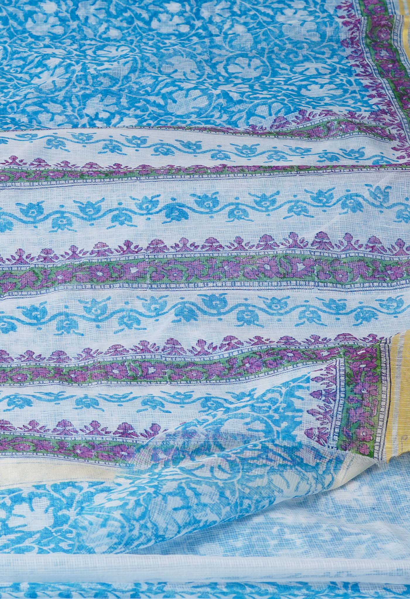 Blue Pure Block Printed Kota Cotton Saree-UNM71562