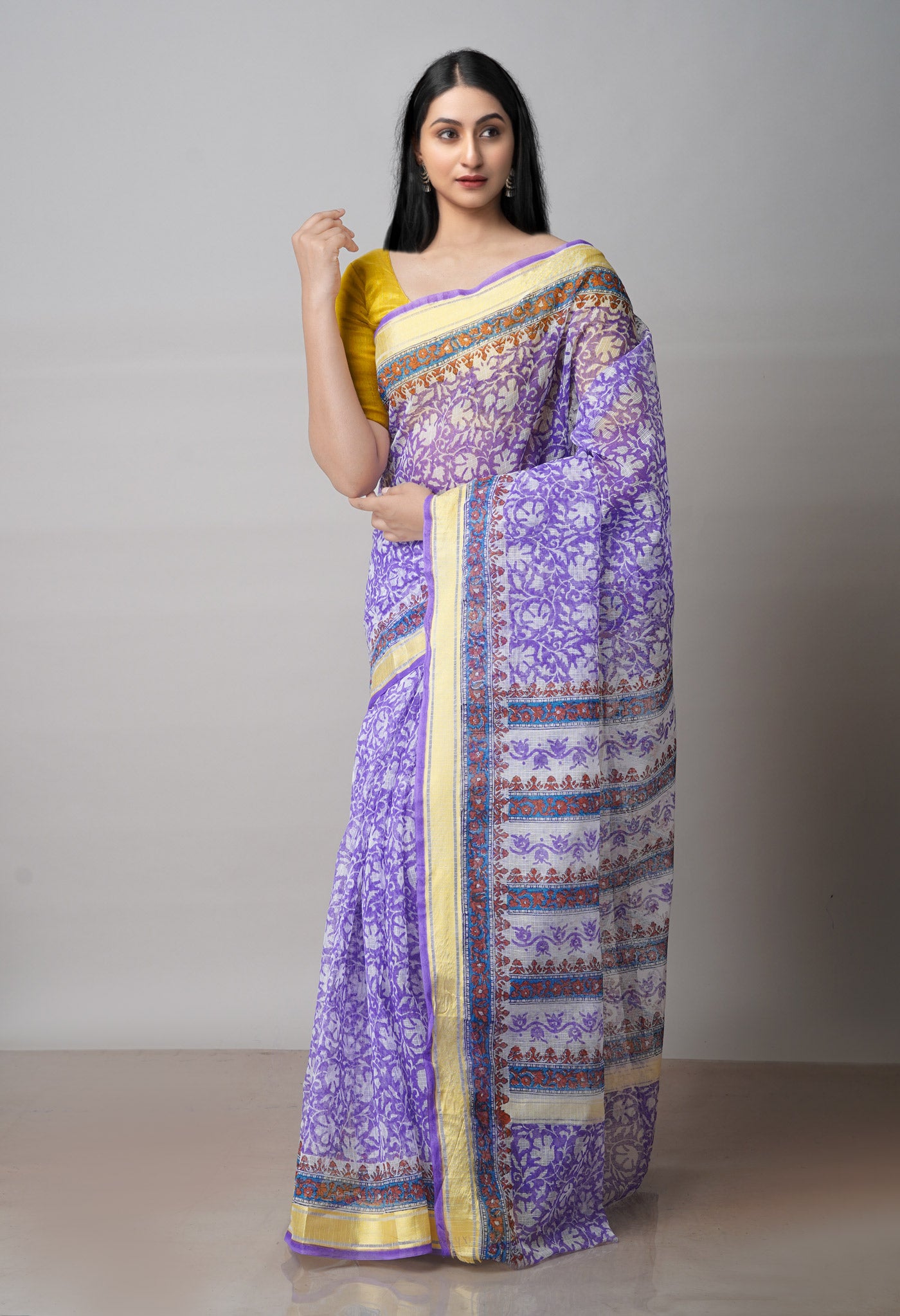 Violet Pure Block Printed Kota Cotton Saree-UNM71563