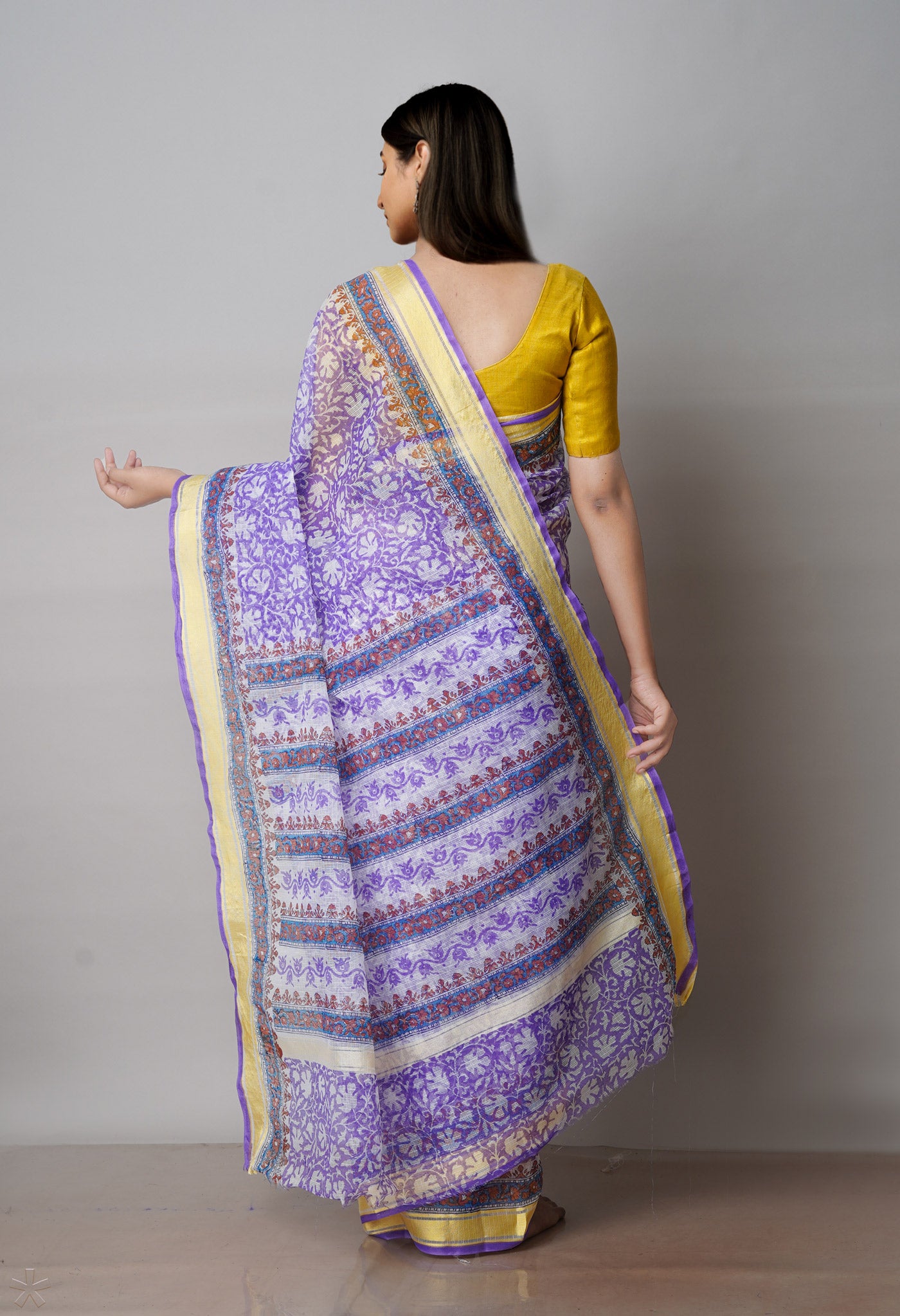 Violet Pure Block Printed Kota Cotton Saree-UNM71563