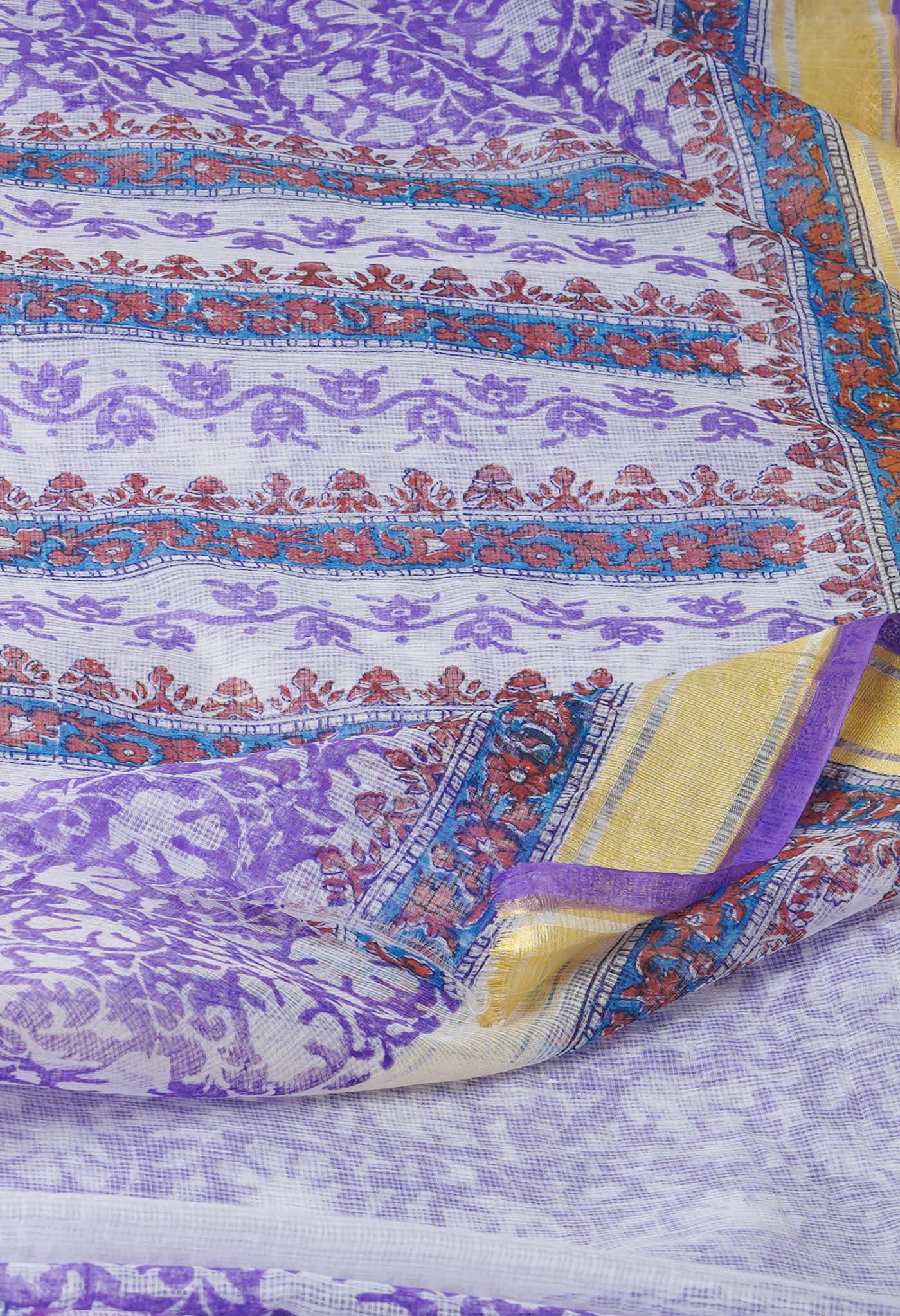 Violet Pure Block Printed Kota Cotton Saree-UNM71563