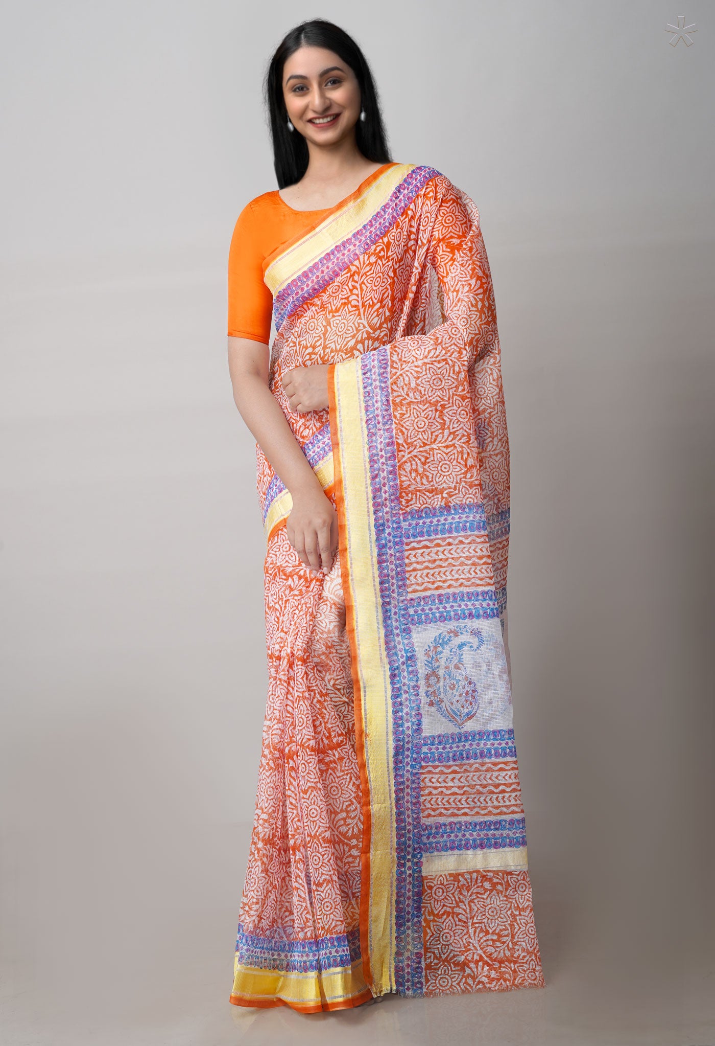 Rust Orange Pure Block Printed Kota Cotton Saree-UNM71569