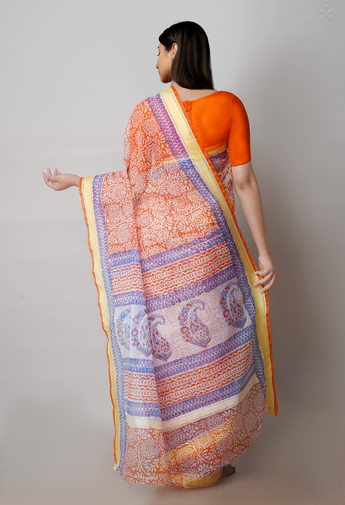 Rust Orange Pure Block Printed Kota Cotton Saree-UNM71569