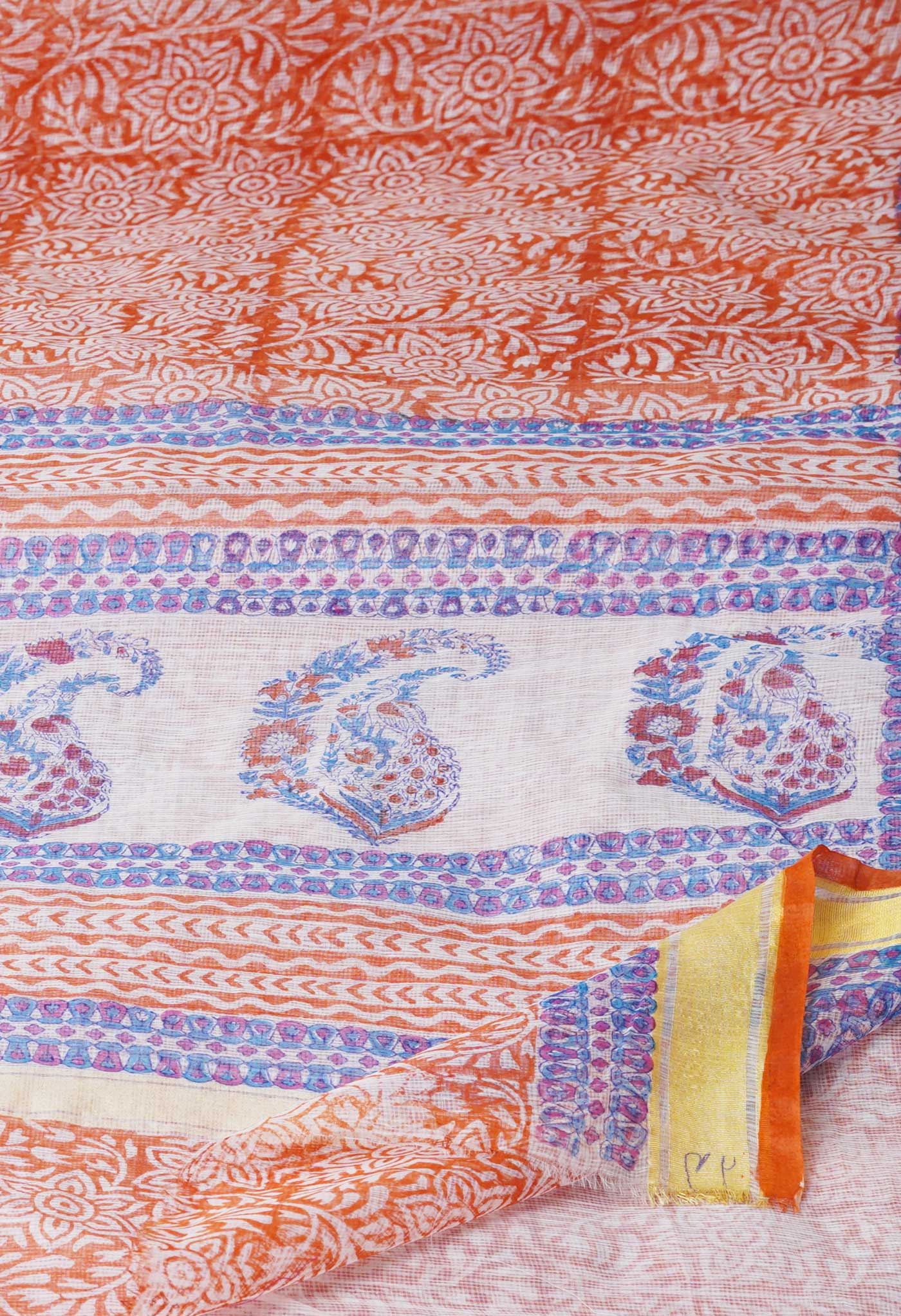 Rust Orange Pure Block Printed Kota Cotton Saree-UNM71569