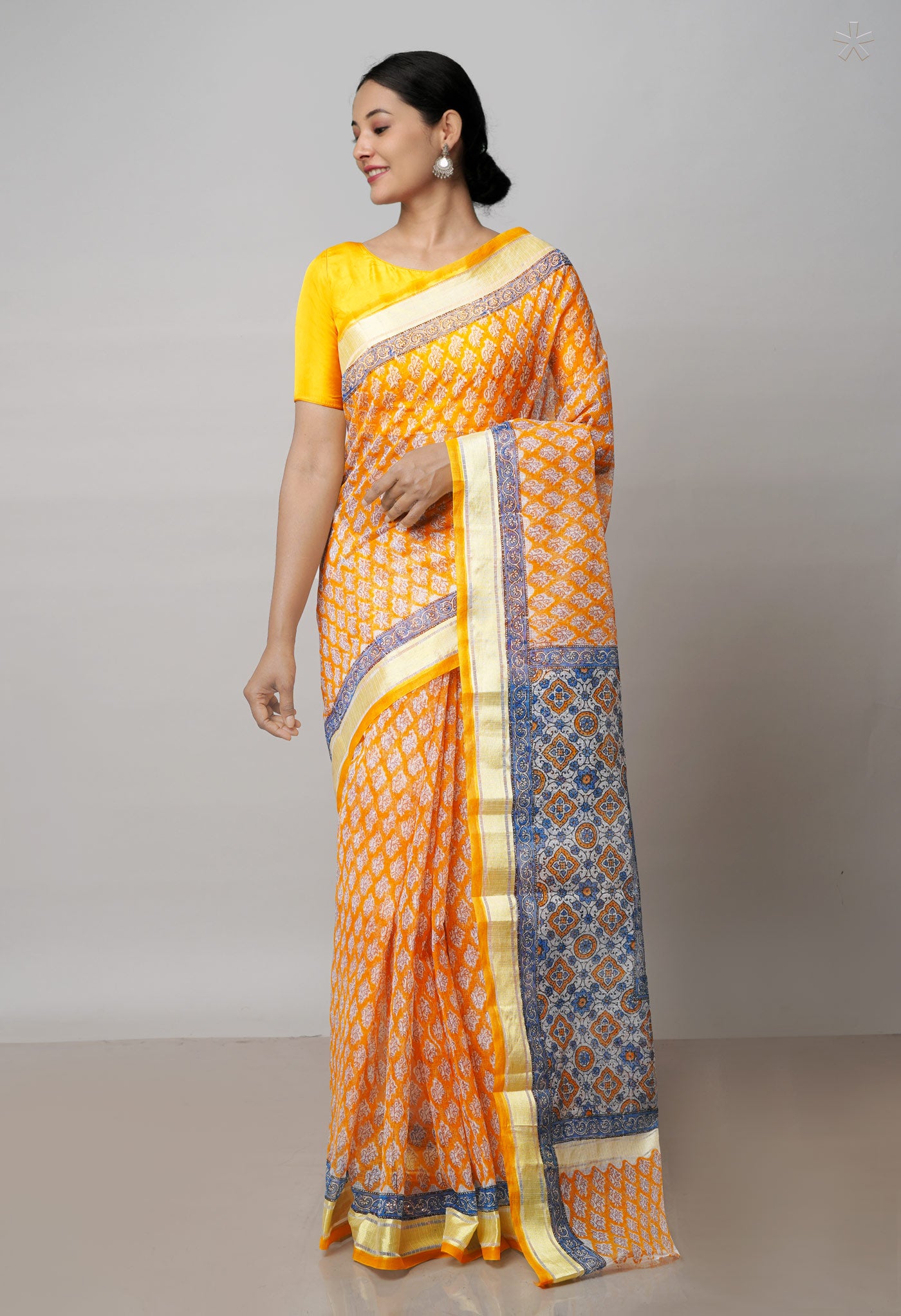 Orange Pure Block Printed Kota Cotton Saree-UNM71575