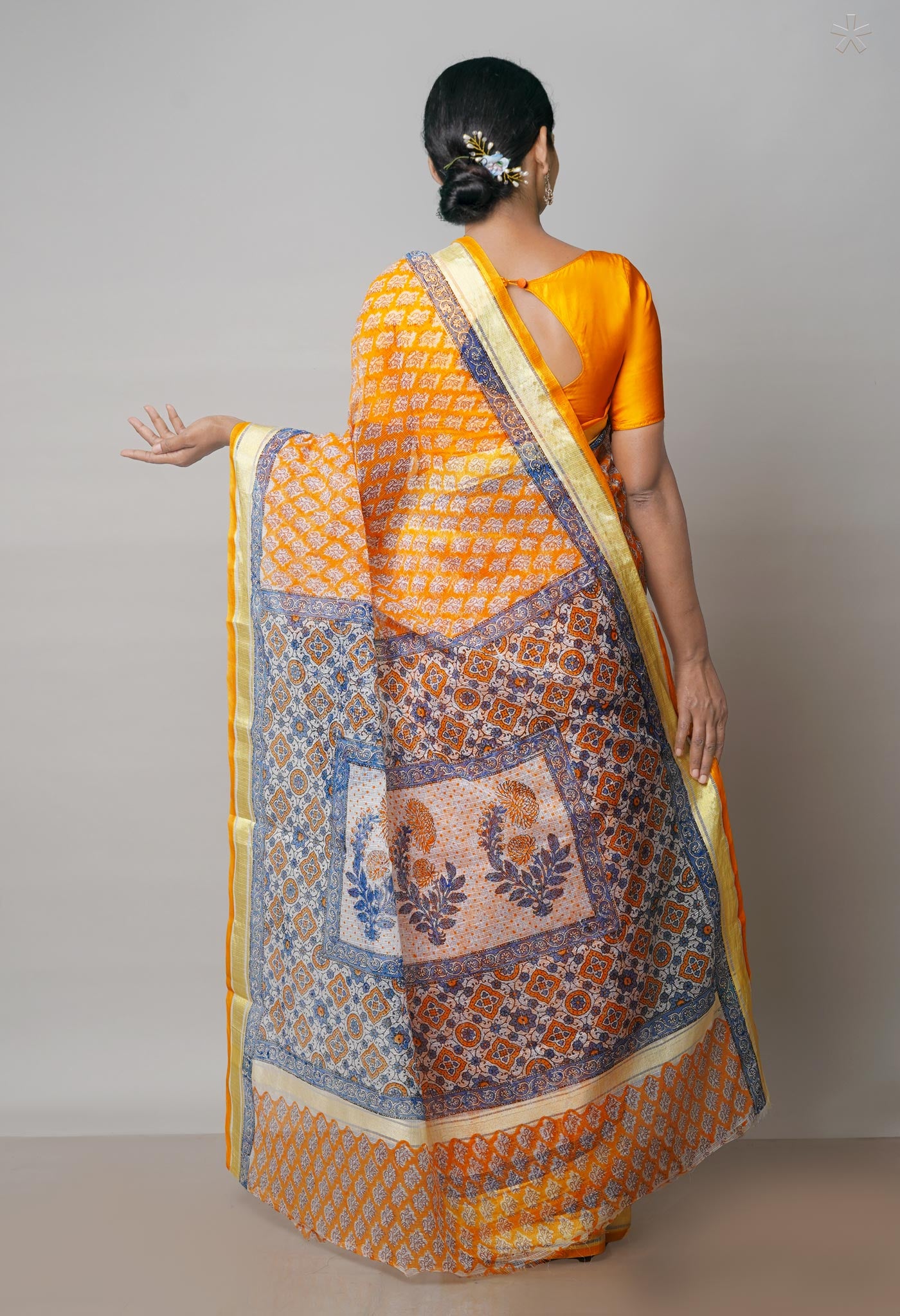 Orange Pure Block Printed Kota Cotton Saree-UNM71575