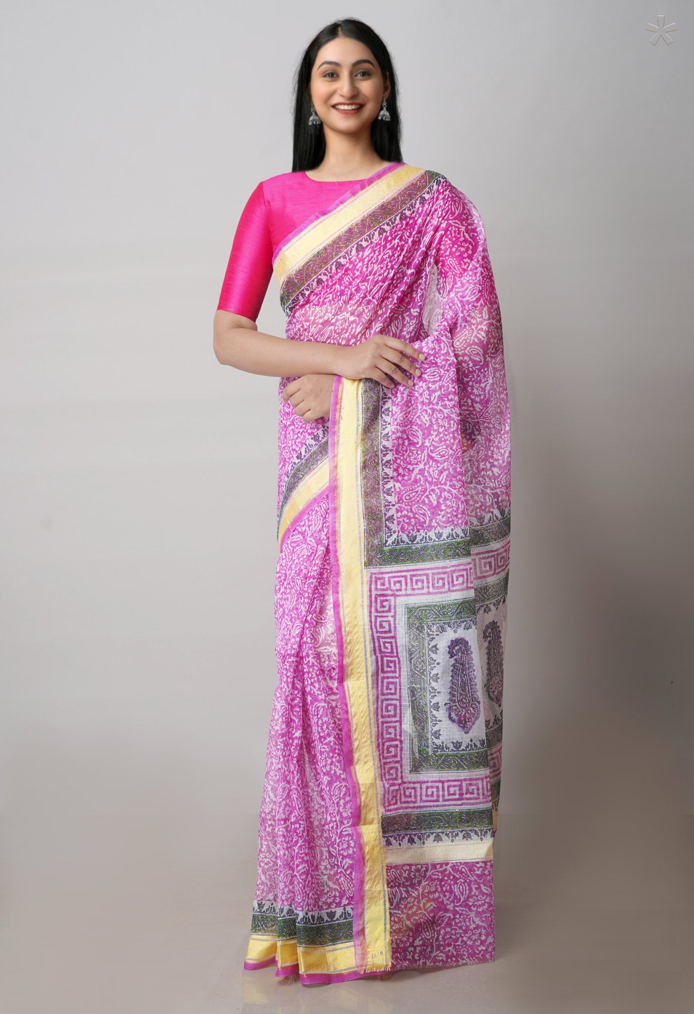 Pink Pure Block Printed Kota Cotton Saree-UNM71581