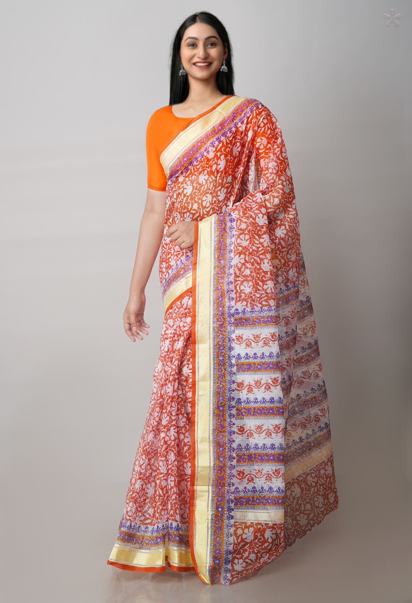 Rust Orange Pure Block Printed Kota Cotton Saree-UNM71584