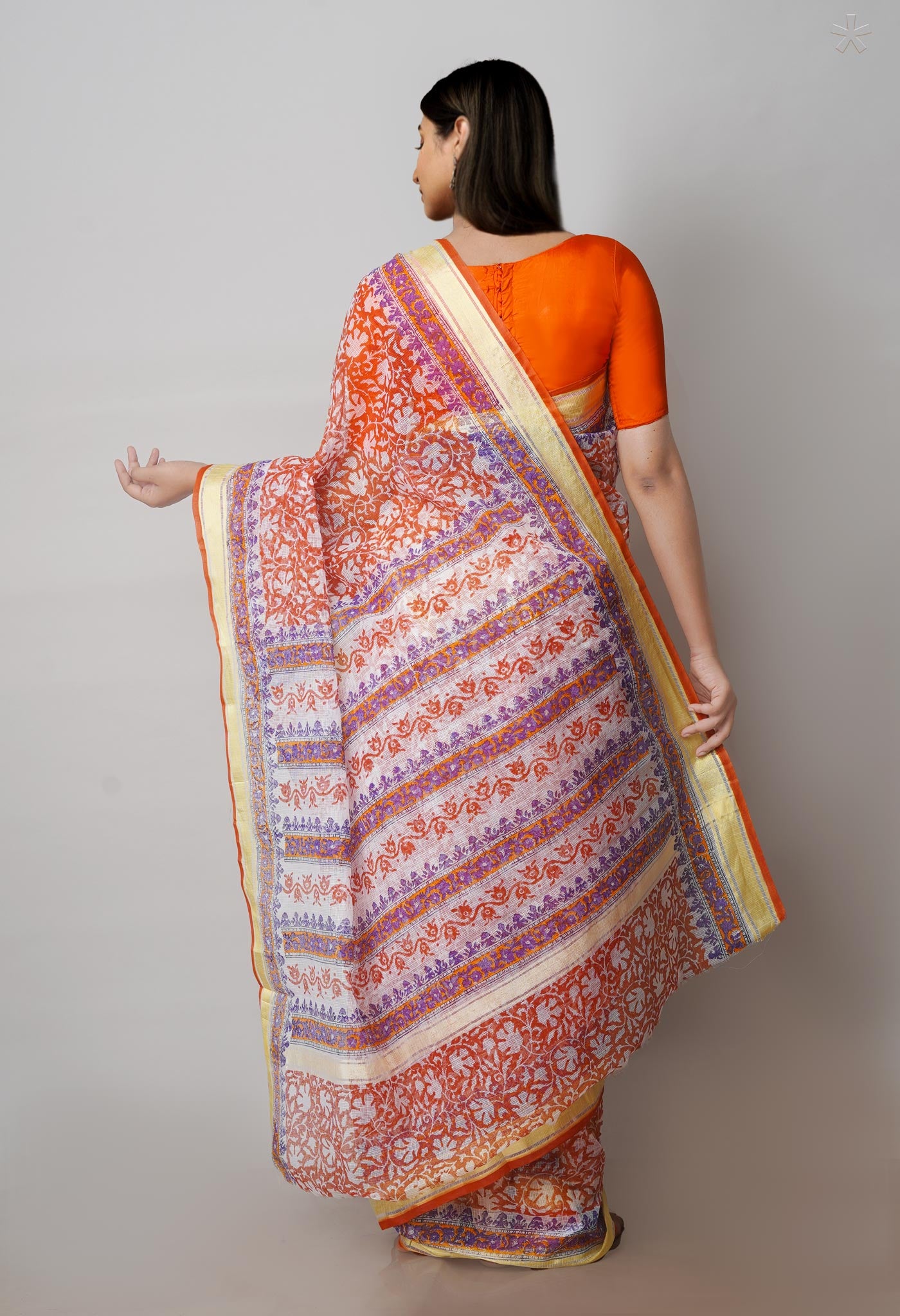 Rust Orange Pure Block Printed Kota Cotton Saree-UNM71584