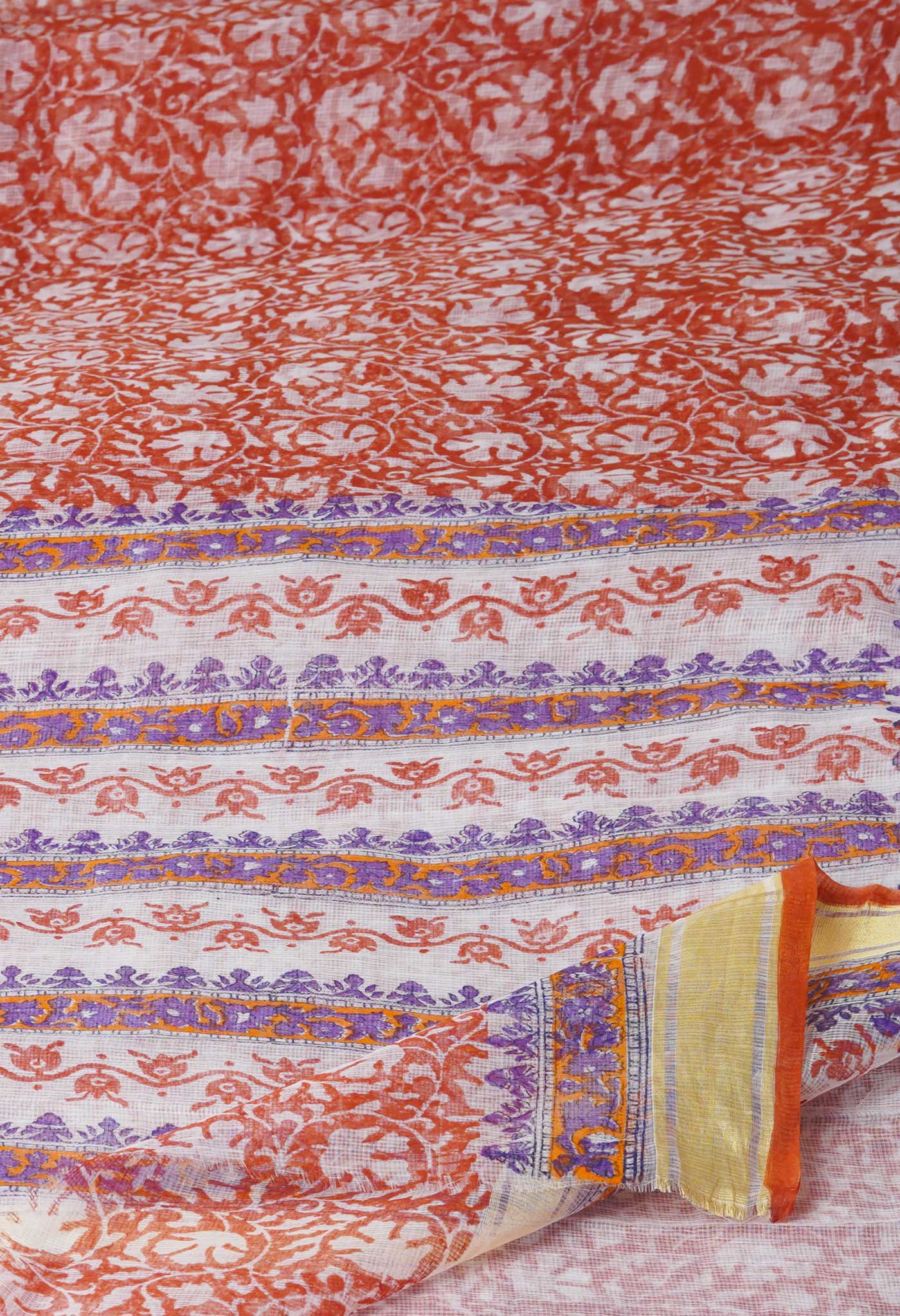 Rust Orange Pure Block Printed Kota Cotton Saree-UNM71584