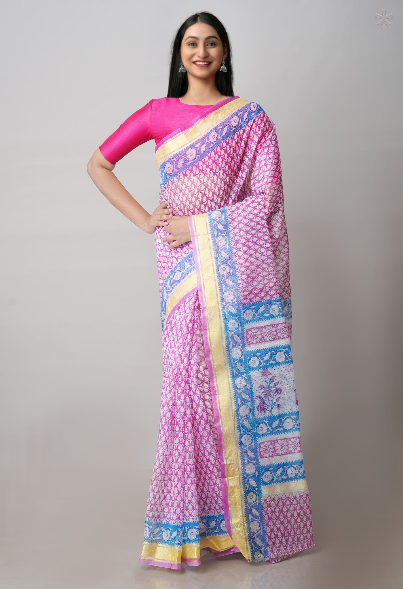 Pink Pure Block Printed Kota Cotton Saree-UNM71588