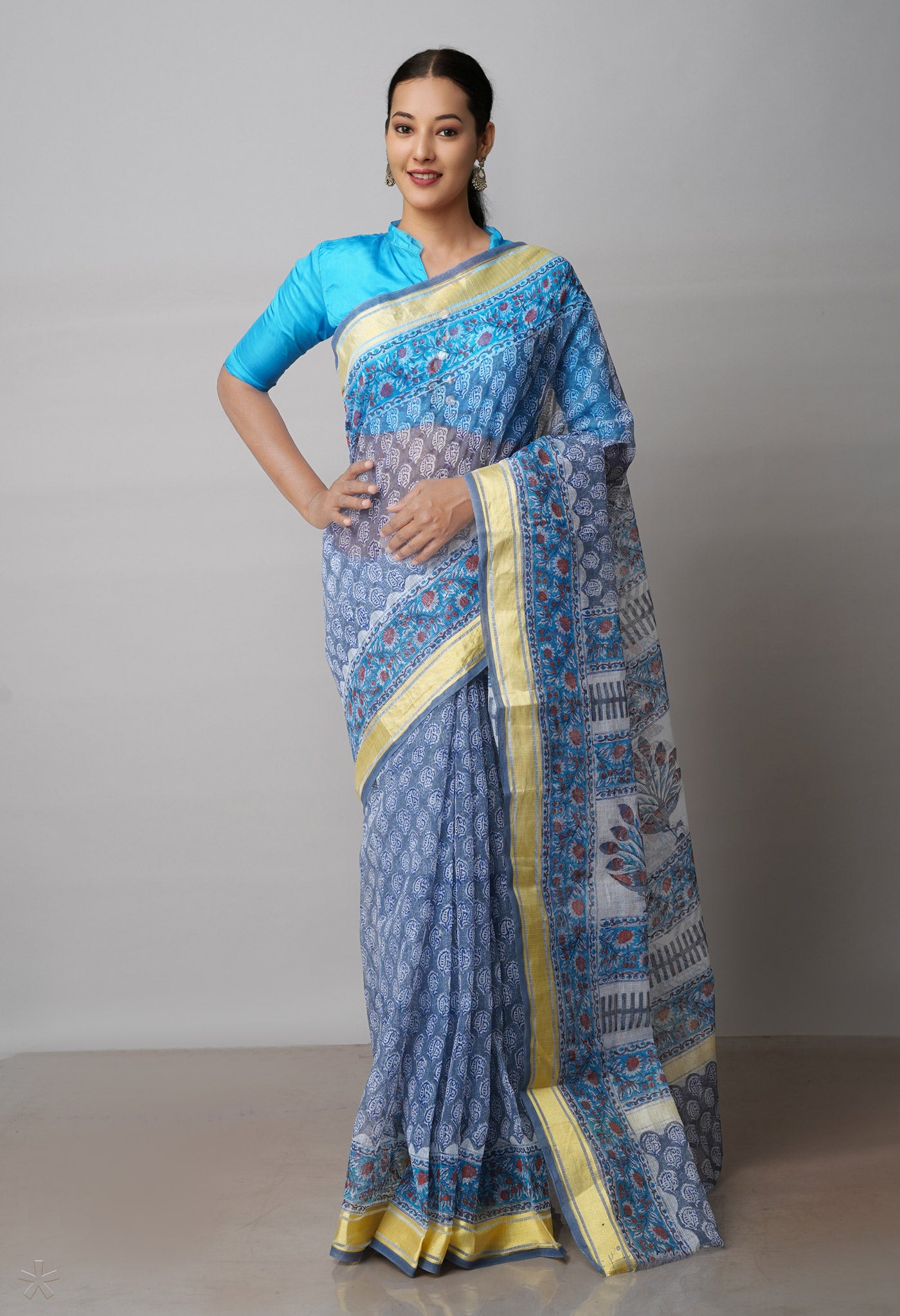 Grey Pure Block Printed Kota Cotton Saree-UNM71591