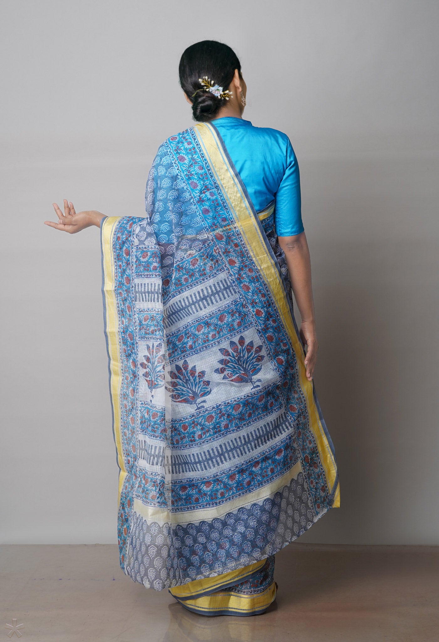 Grey Pure Block Printed Kota Cotton Saree-UNM71591