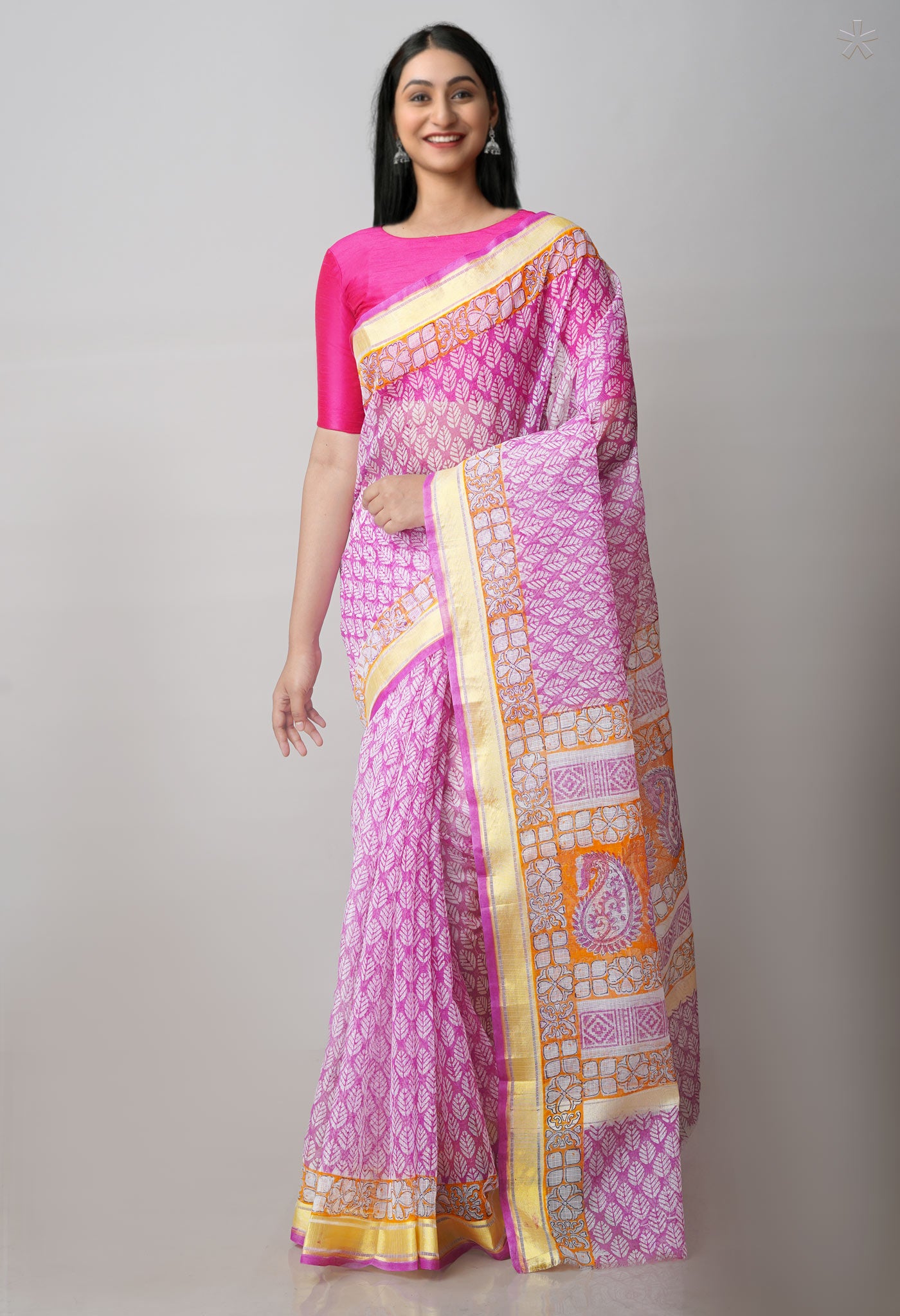 Pink Pure Block Printed Kota Cotton Saree-UNM71592